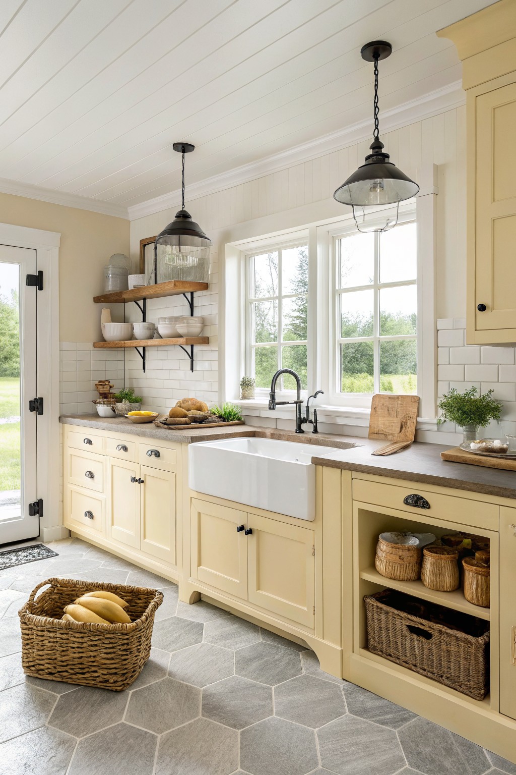 Soft pale yellow cabinets in a bright kitchen with white shiplap walls, subway tile, wood open shelves, and gray hex floor tile