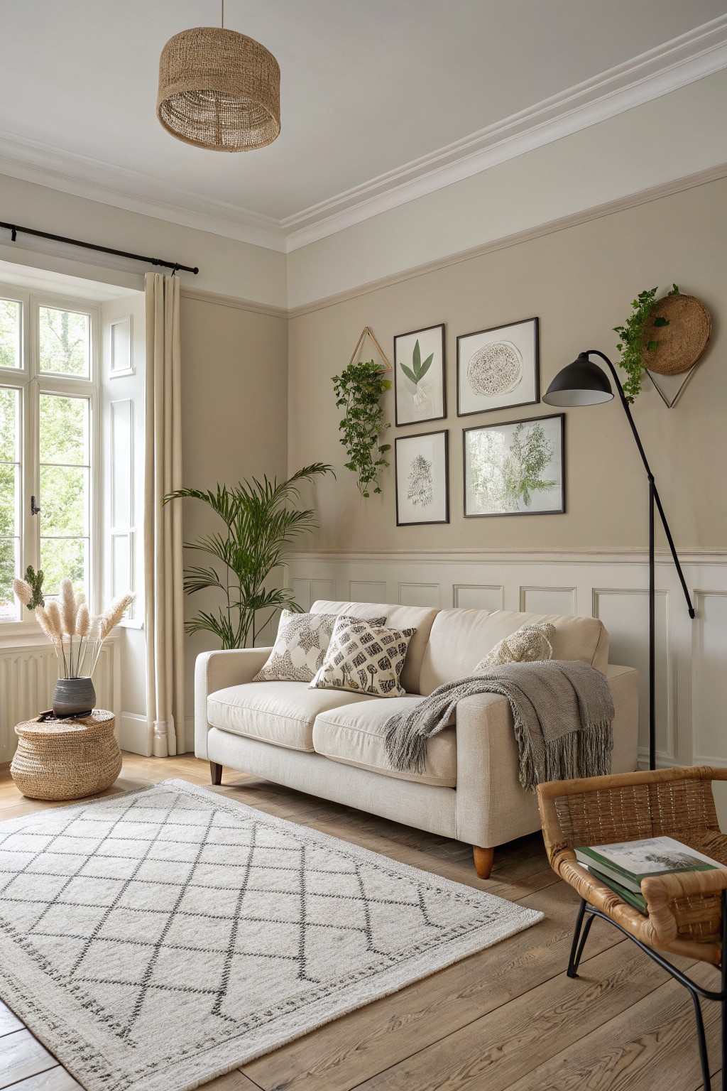 Cozy living room with soft greige walls, cream wainscoting, beige sofa, plants, and natural light from tall windows