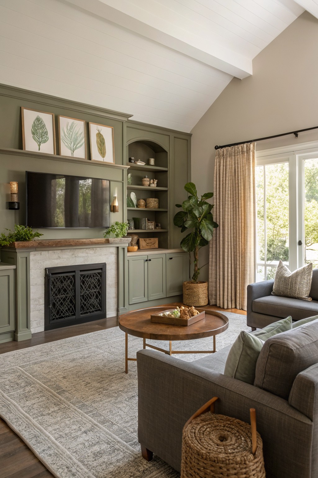 Cozy living room with soft sage green built-in cabinets framing a fireplace and TV, gray sofa, wood coffee table, potted plants, and large windows