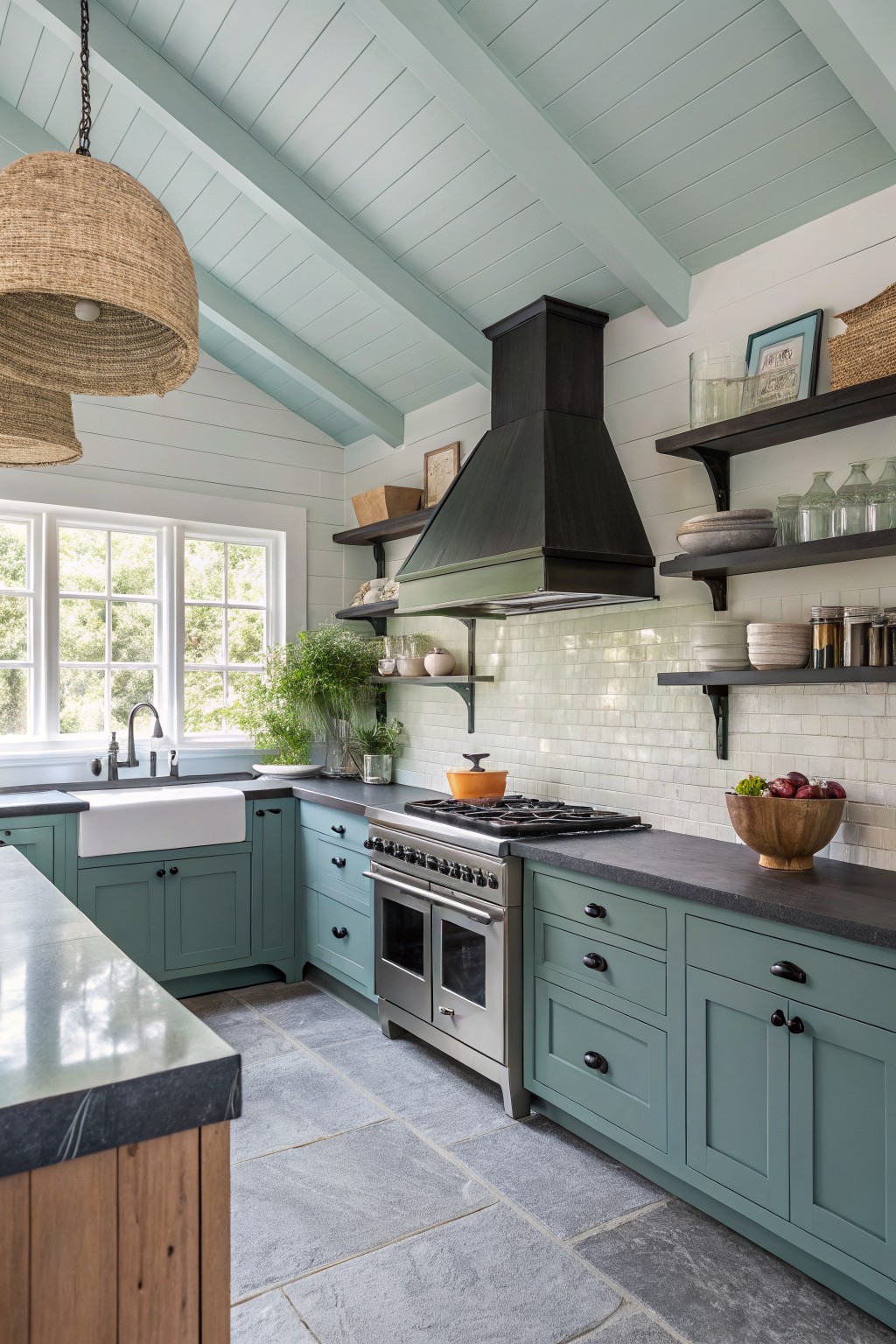 Cozy kitchen featuring soft teal cabinets, matte black range hood, white subway tile backsplash, and a wooden island edge