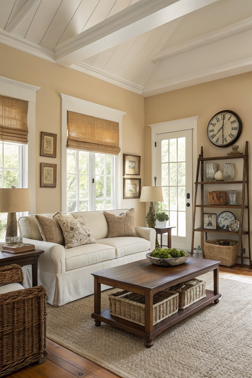 Living room with warm beige walls, white trim and ceiling, beige sofa, wood coffee table, and ladder shelf with natural accents