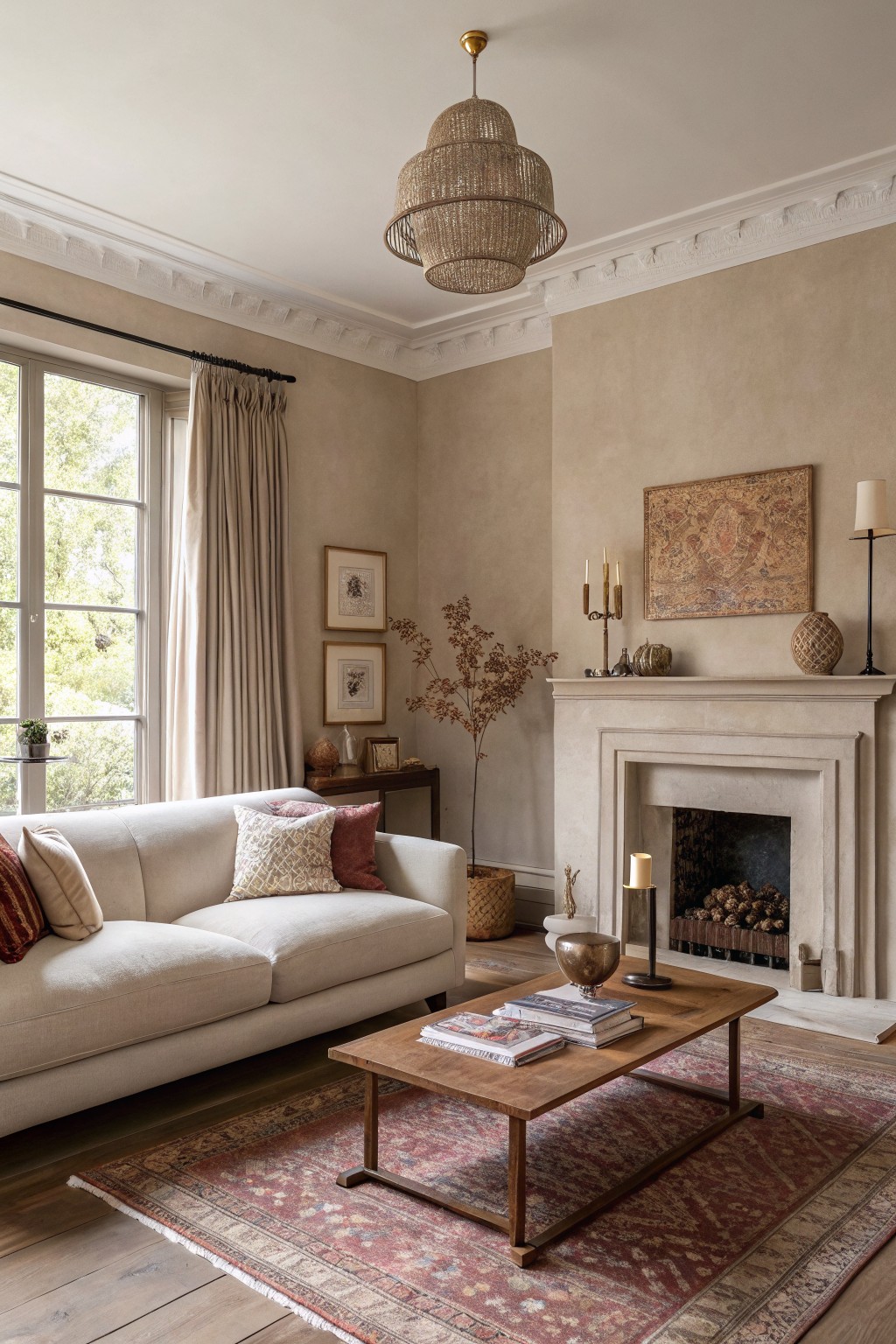 Living room with warm beige walls, cream sofa, wooden coffee table on red rug, stone fireplace, and rattan pendant light