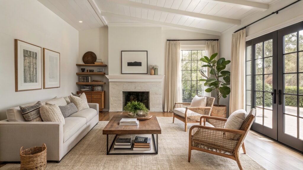 Living room with soft greige walls, cream slipcovered sofa, rattan chair, fiddle leaf fig tree, and neutral fireplace