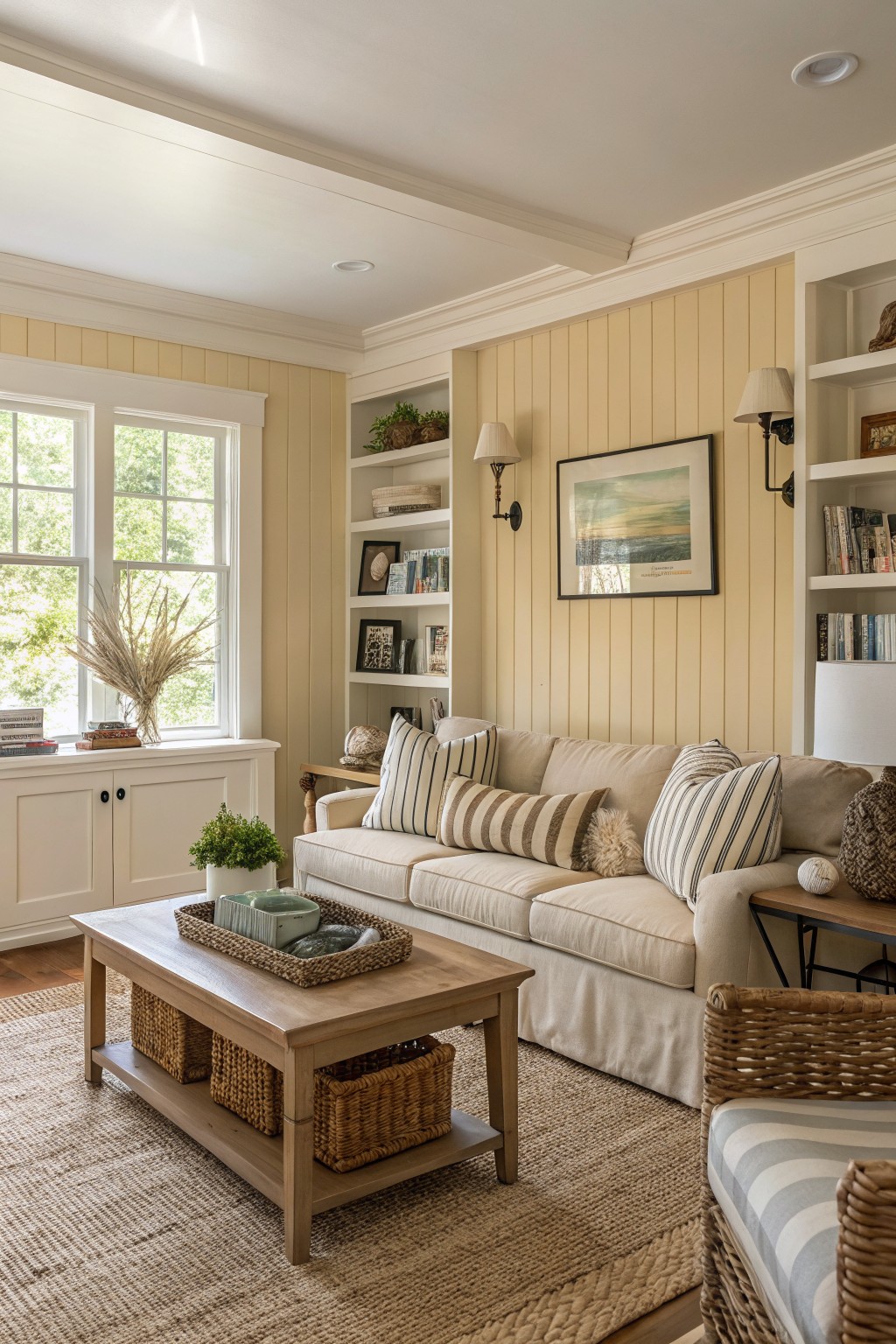 Living room with pale yellow vertical paneled walls, cream sofa with striped pillows, wood coffee table with baskets, and wicker chairs on a seagrass rug