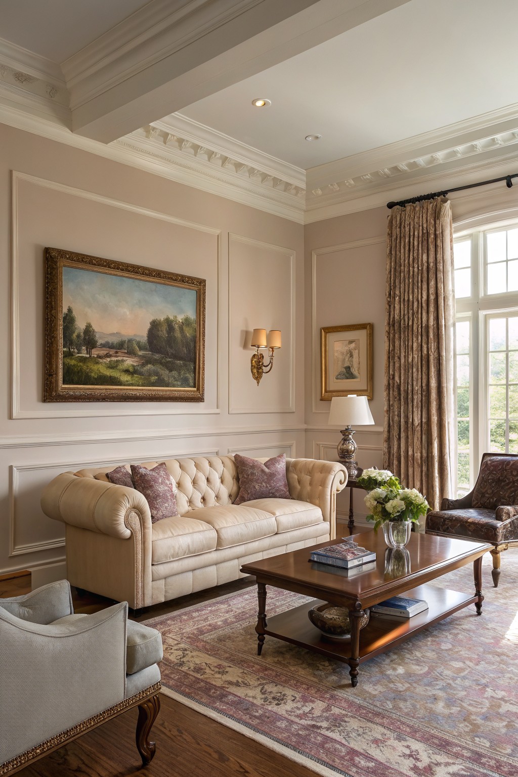 Living room with soft greige paneled walls, cream leather sofa, wood coffee table, and large landscape painting
