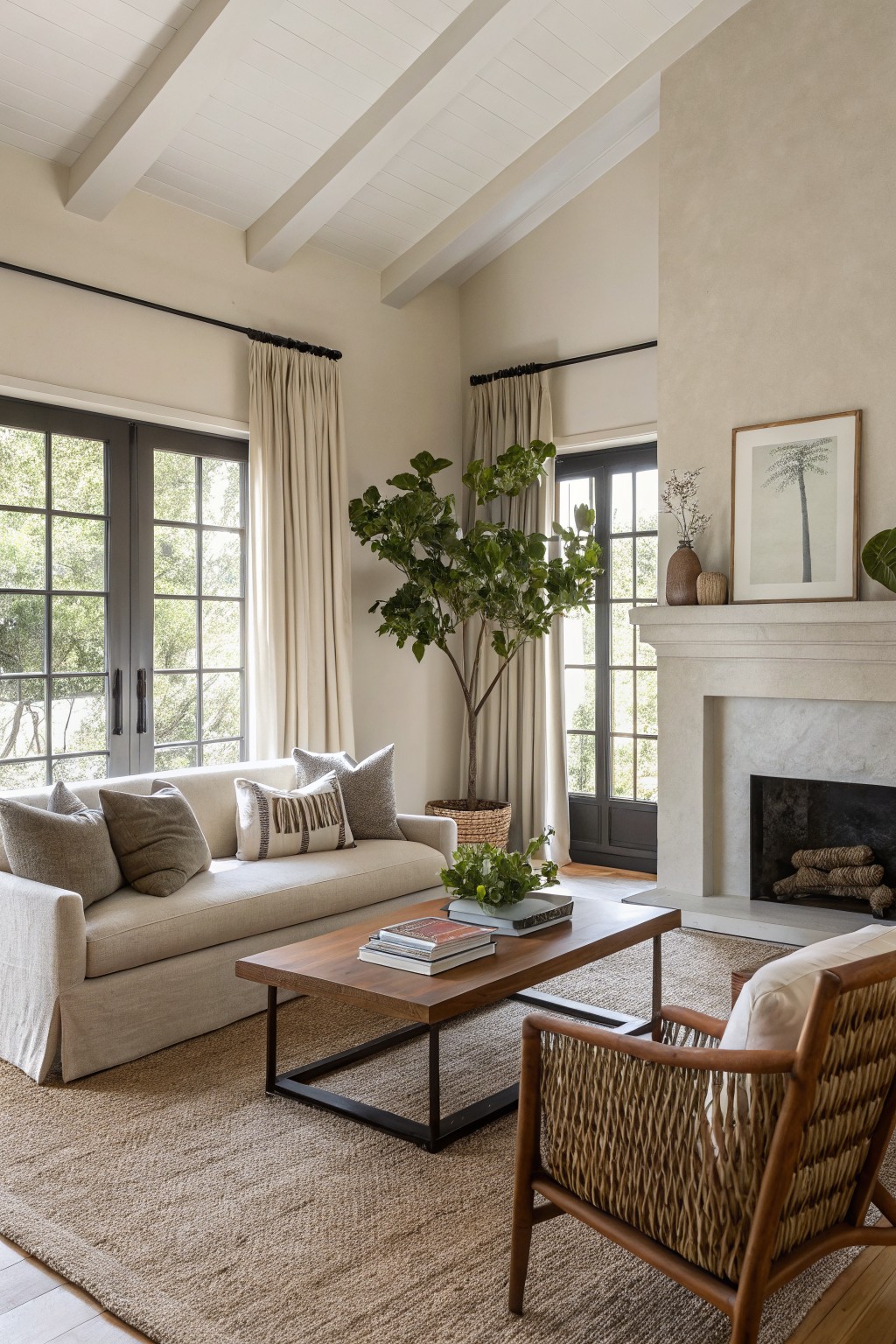 Living room with soft greige walls, cream slipcovered sofa, rattan chair, fiddle leaf fig tree, and neutral fireplace