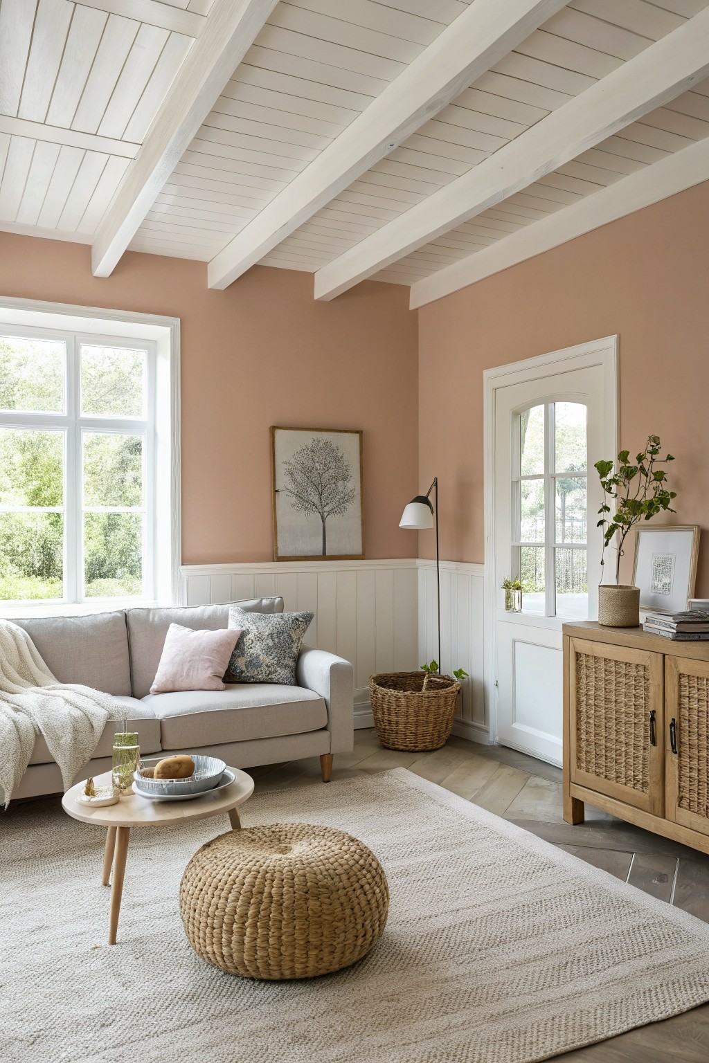 Cozy living room with soft peach walls, white beamed ceiling, gray sofa, woven pouf, and plants near large windows