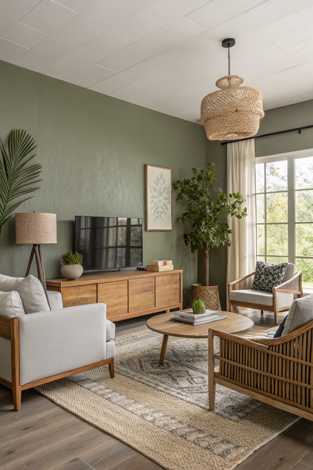 Modern living room with soft sage green walls, wood media console under a wall-mounted TV, light gray sofa, rattan chair, plants, and natural light from large windows