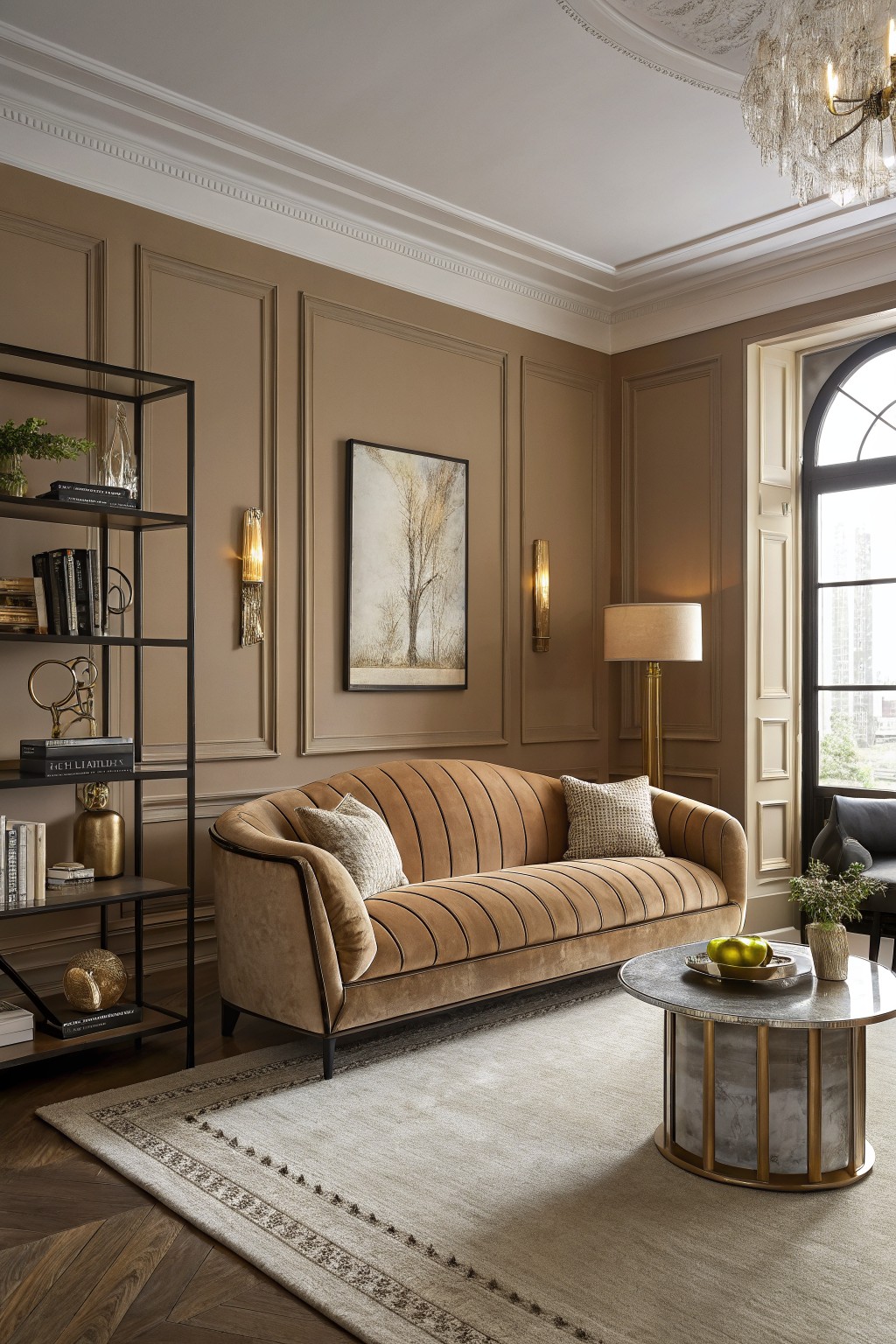 Living room with warm beige paneled walls, curved striped sofa, black metal shelving, and a marble-topped drum table.