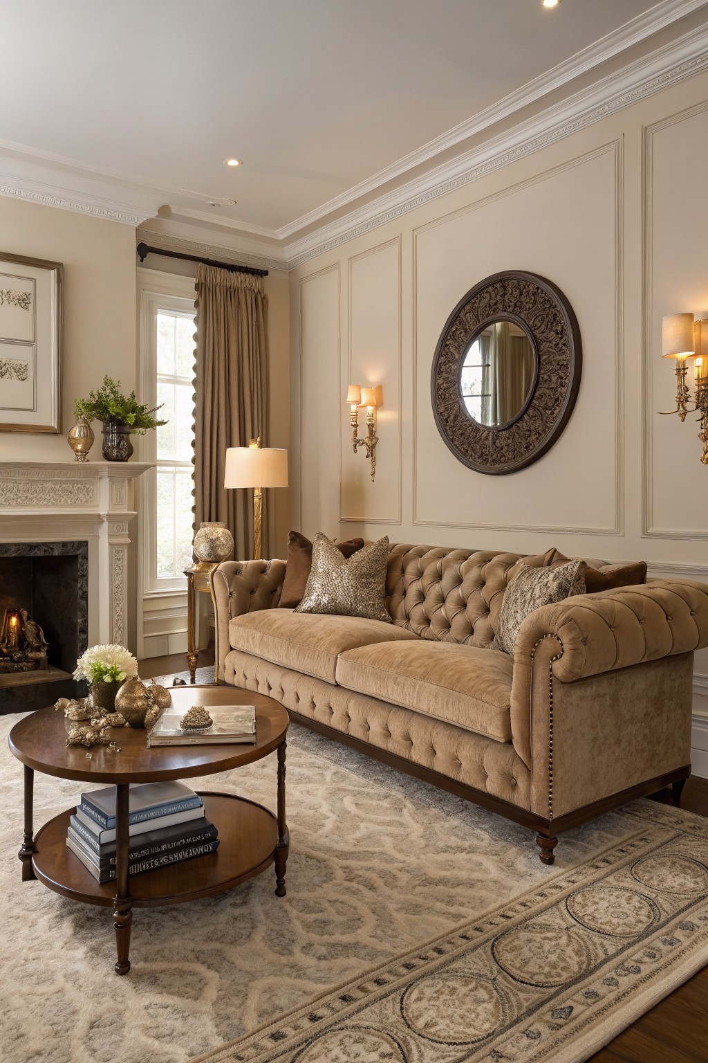 Elegant living room featuring warm greige walls, tufted beige sofa by fireplace, brass accents, and neutral rug