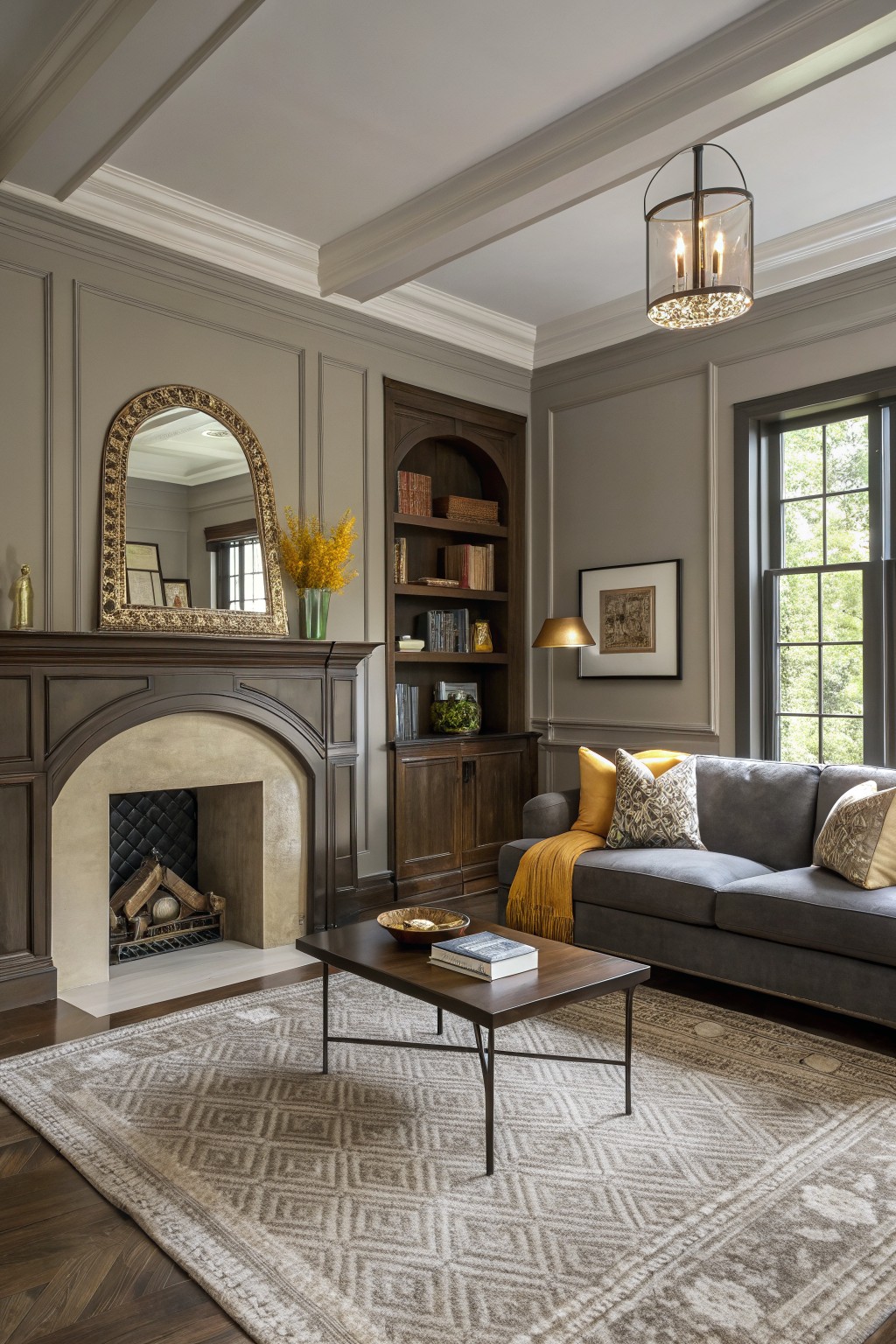 Cozy living room with warm greige paneled walls, gray sofa, wood-burning fireplace, and neutral rug under soft overhead lighting