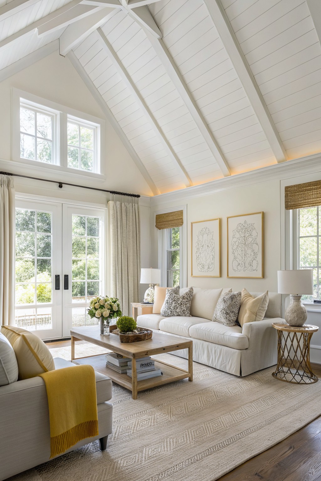 Living room with warm off-white walls, white shiplap ceiling beams, cream sofa, wood coffee table, and large windows to greenery
