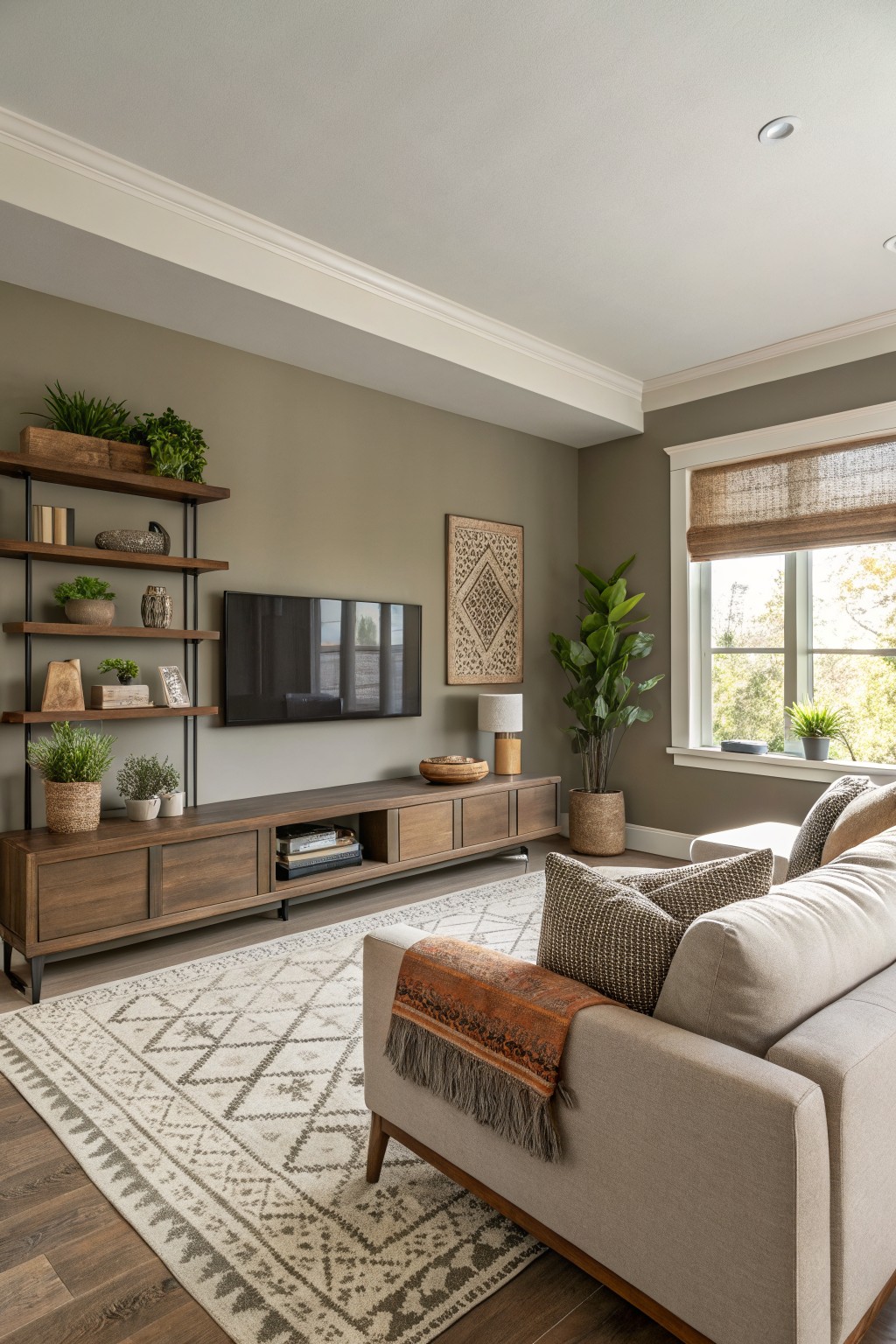 Warm sage gray walls in a modern living room with wooden media console, open shelves with plants, beige sofa, and natural light from windows