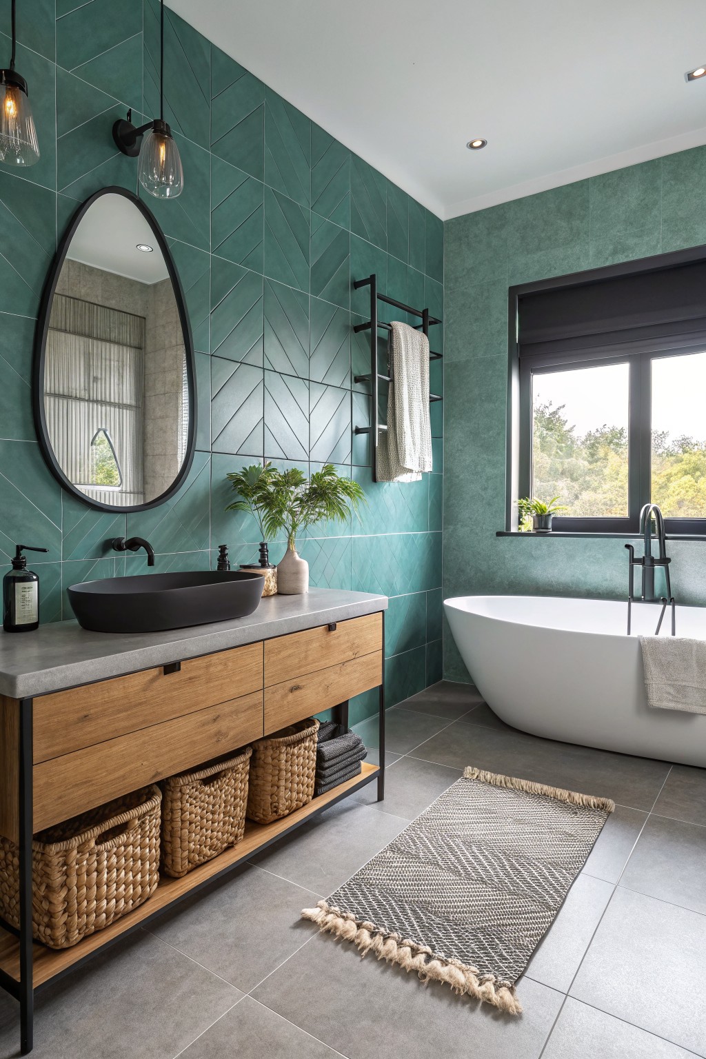 Modern bathroom featuring cool teal geometric tiled walls, wood vanity with black sink, and freestanding white tub