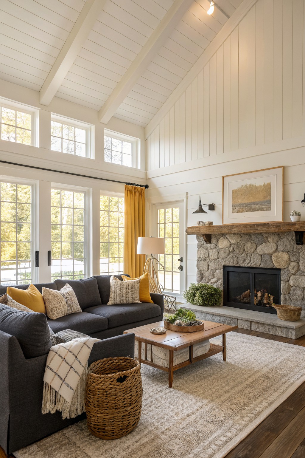 Cozy living room with crisp white shiplap walls, vaulted ceiling, stone fireplace, gray sofa, and wood accents