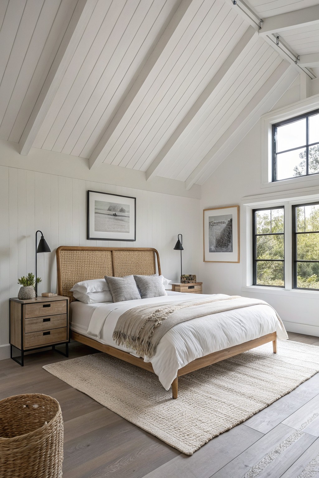 Bedroom with vaulted white shiplap ceiling and walls, rattan headboard bed, wood nightstands, black-framed windows overlooking trees, neutral rug and basket on oak floors