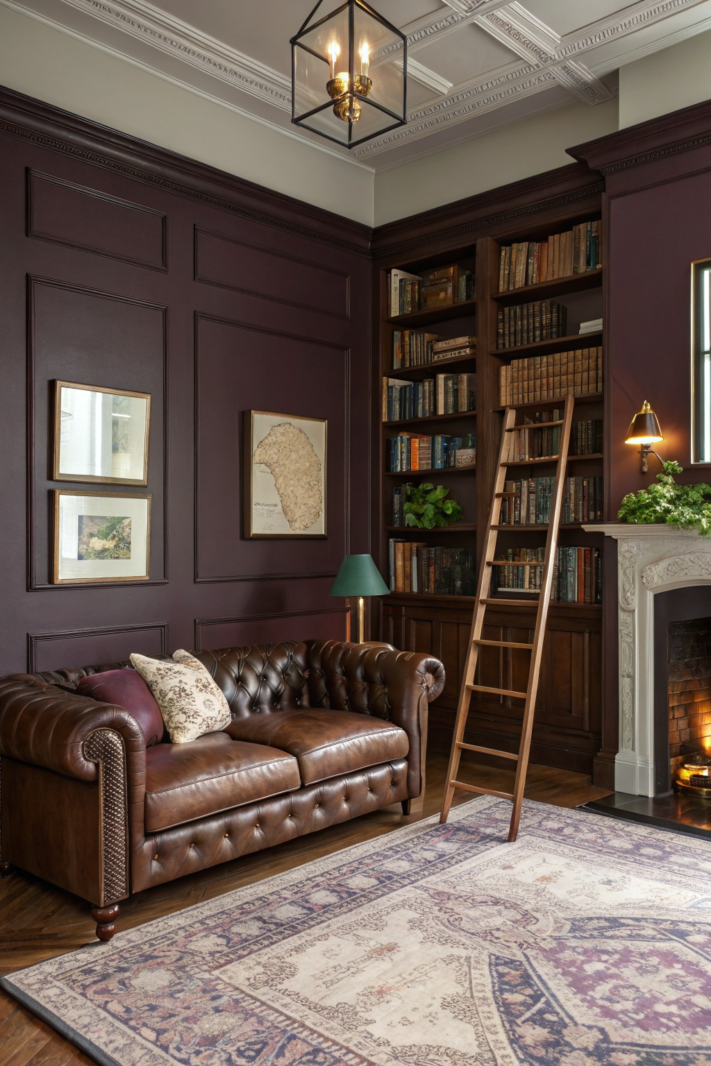 Cozy library room with deep purple paneled walls, wooden library ladder, leather sofa, and lit fireplace