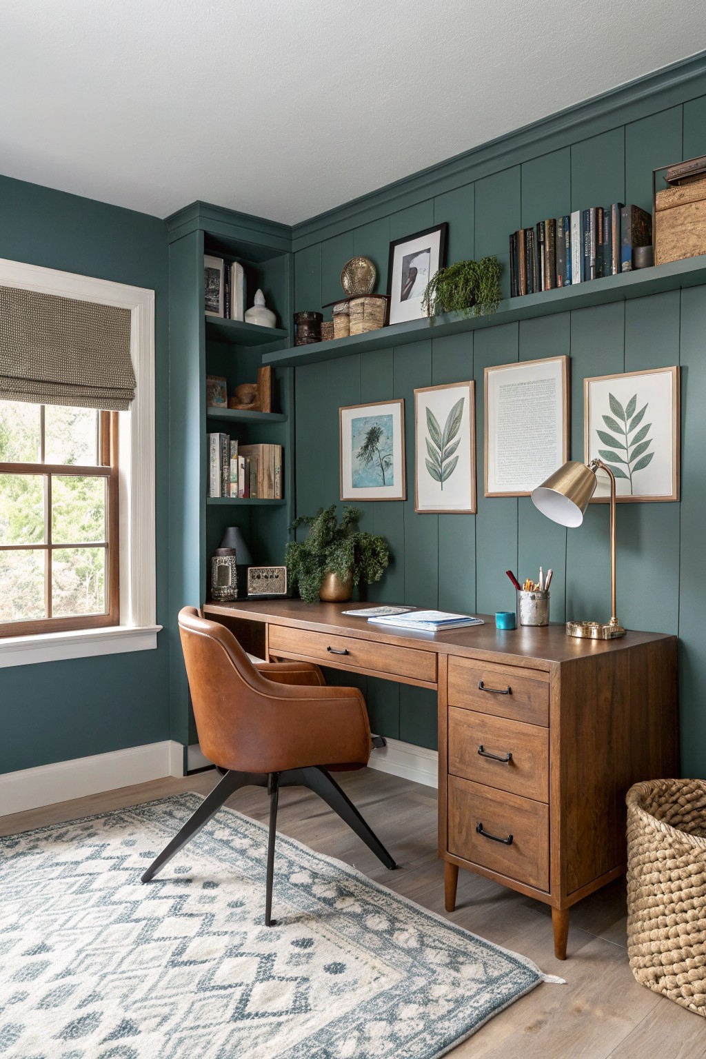 Home office corner with deep teal plank walls, wood desk, tan leather chair, built-in shelves, and gold lamp