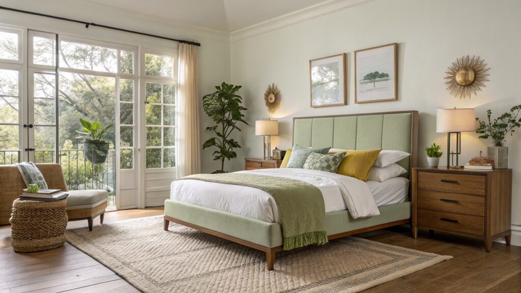 Bedroom featuring pale sage green board-and-batten wall behind a beige upholstered bed, flanked by wooden nightstands and a potted plant near the window
