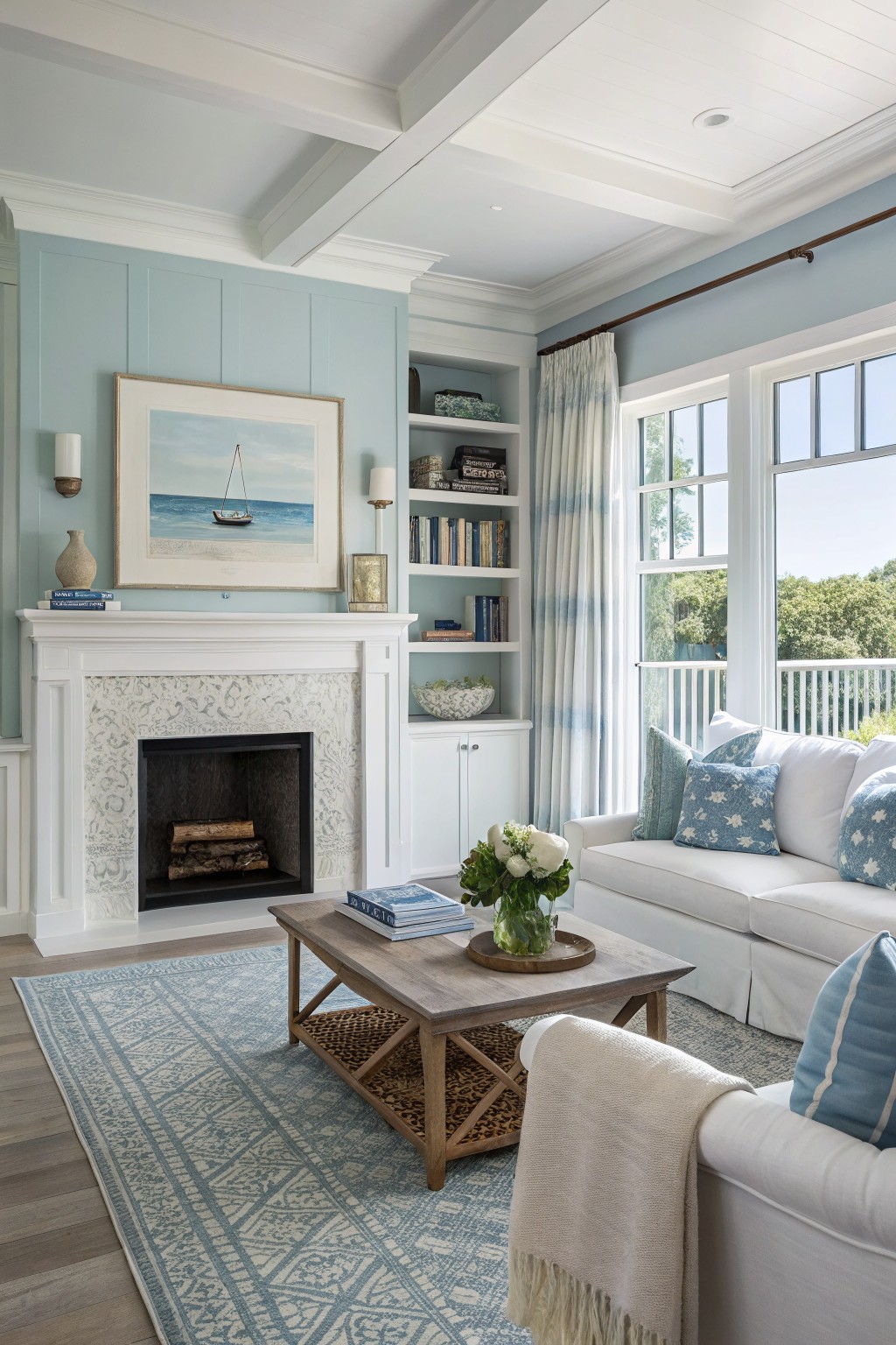 Coastal living room with pale aqua blue walls, white fireplace, sofa with blue pillows, wood coffee table on blue-patterned rug, and bookshelves beside large windows overlooking trees
