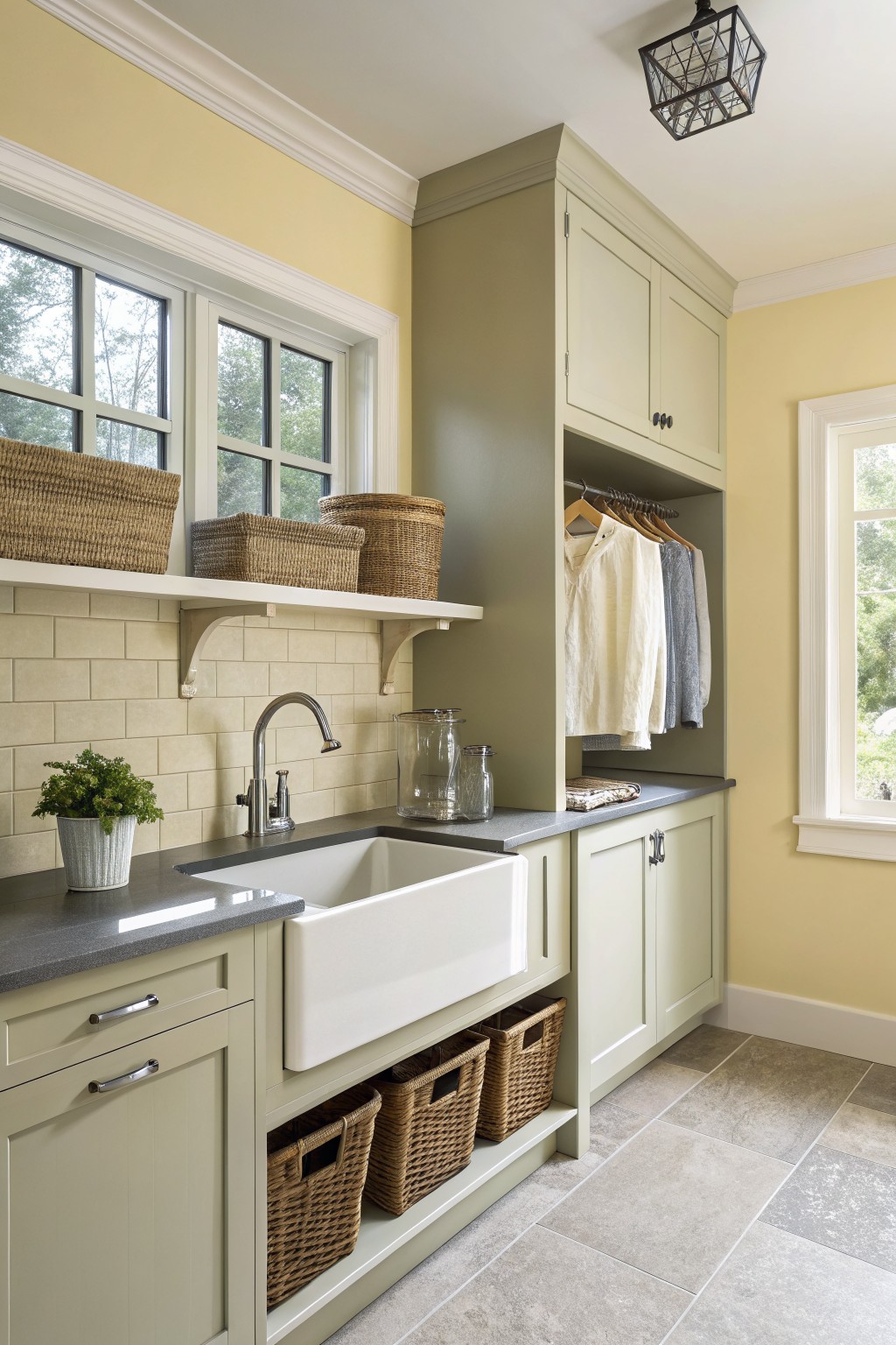 Laundry room with sage green cabinets, pale yellow walls, white farmhouse sink, subway tile backsplash, and hanging clothes rod