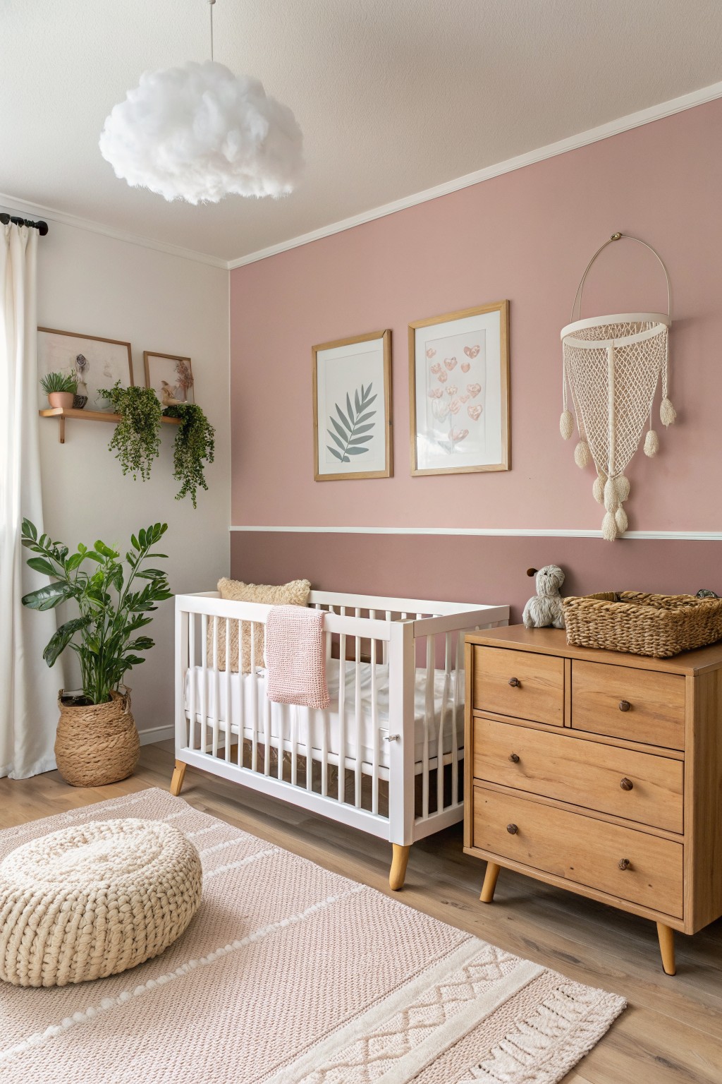 Cozy modern nursery featuring soft blush pink upper walls, white crib, wooden mid-century dresser, potted plants, woven decor, and fluffy cloud pendant light over beige rug.
