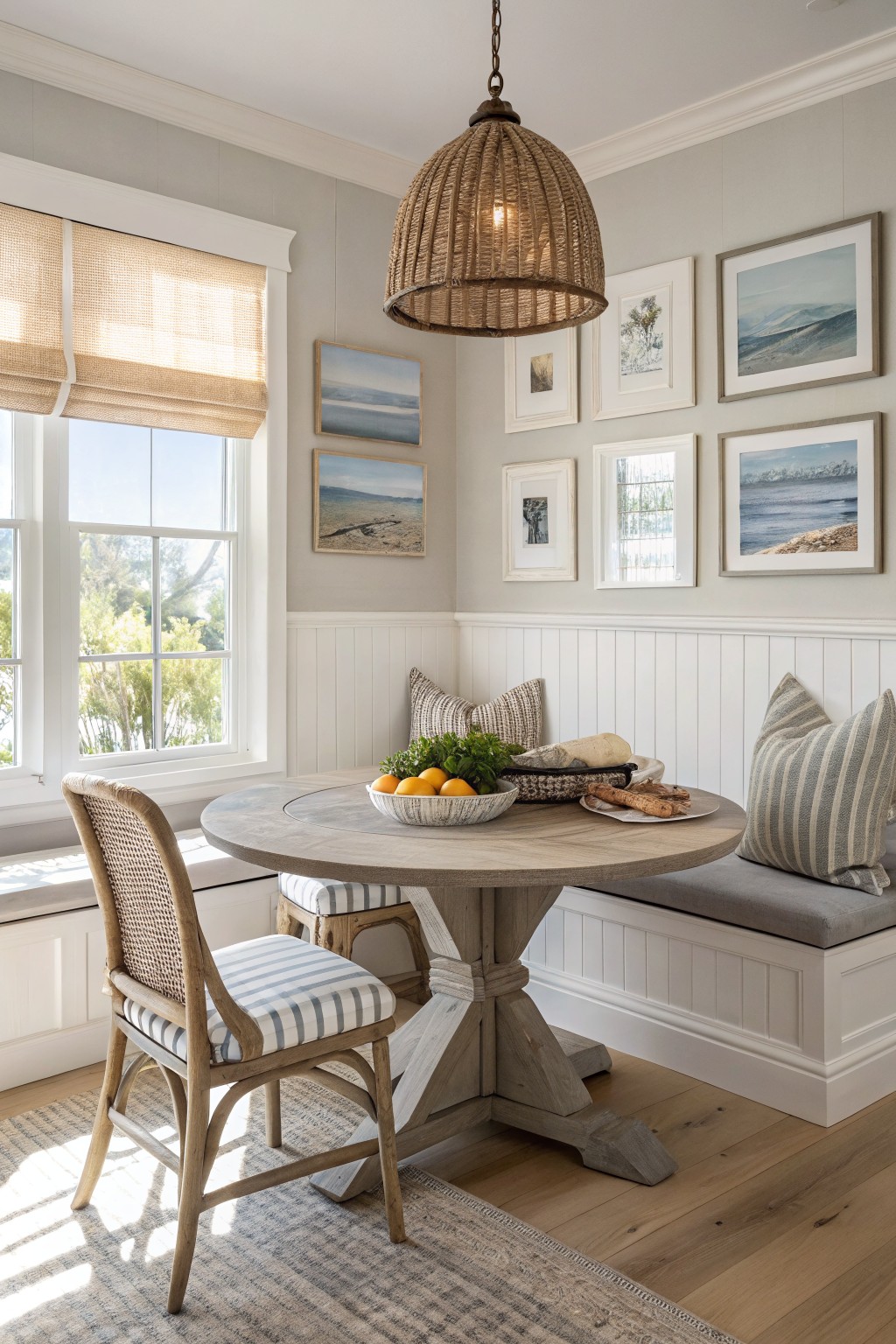 Bright breakfast nook with soft greige walls, white wainscoting, round wood pedestal table, rattan chairs, bench seating, and coastal artwork under a woven pendant light