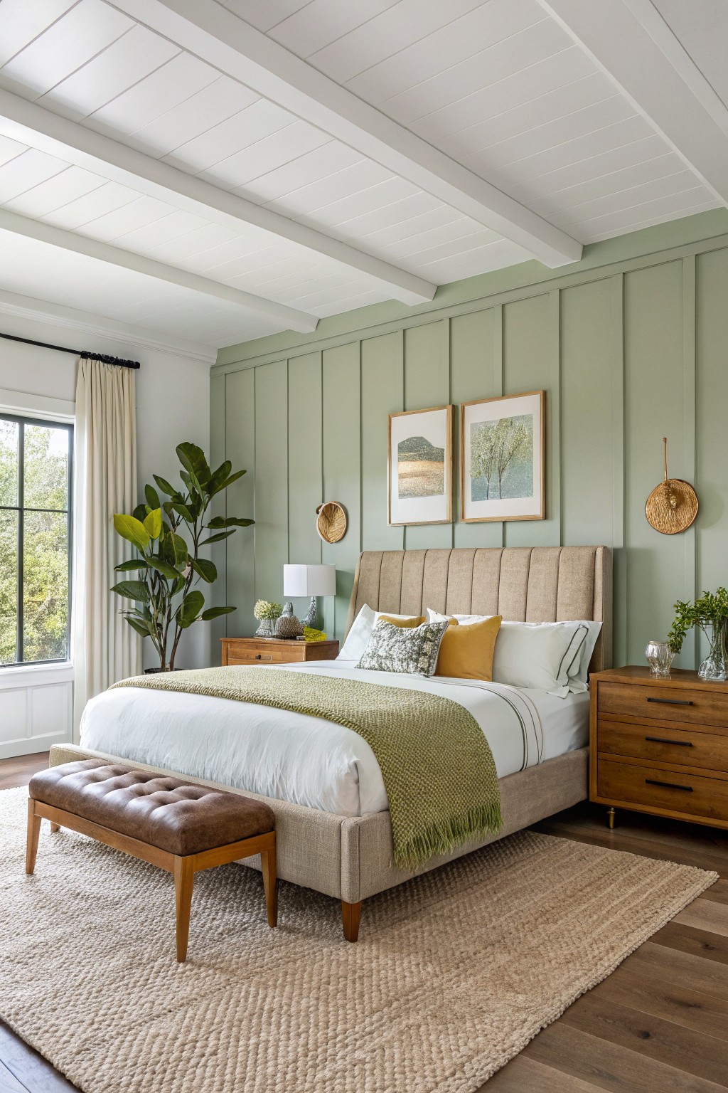 Bedroom featuring pale sage green board-and-batten wall behind a beige upholstered bed, flanked by wooden nightstands and a potted plant near the window