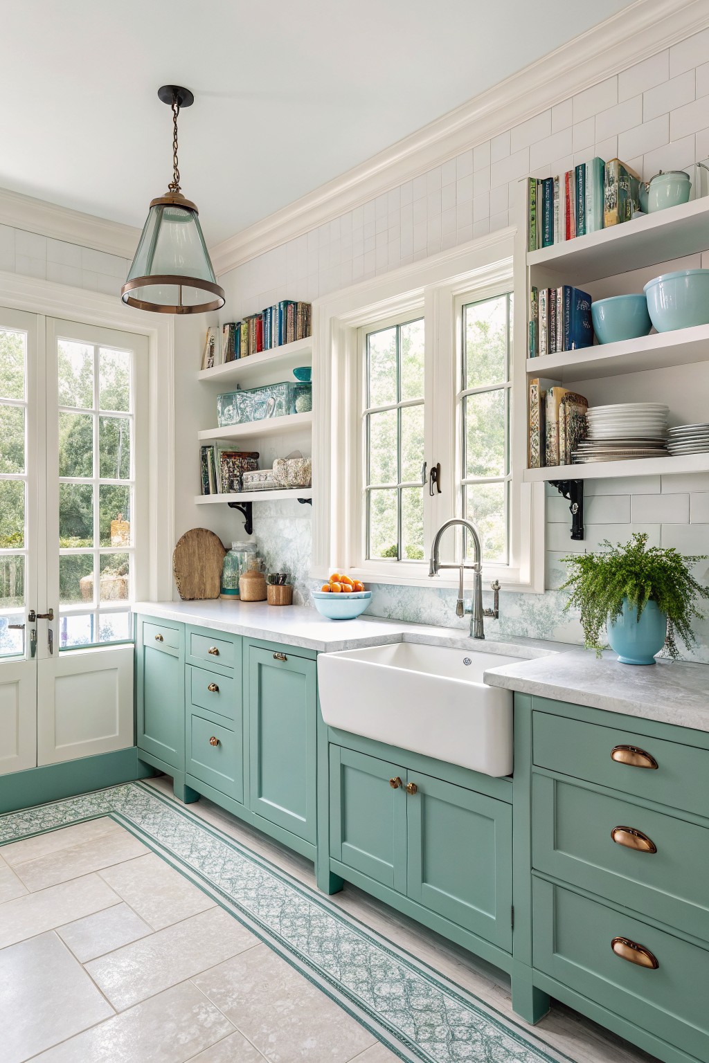 Kitchen featuring soft teal lower cabinets, white farmhouse sink, marble counters, subway tile backsplash, and open shelves with books and dishes near large windows