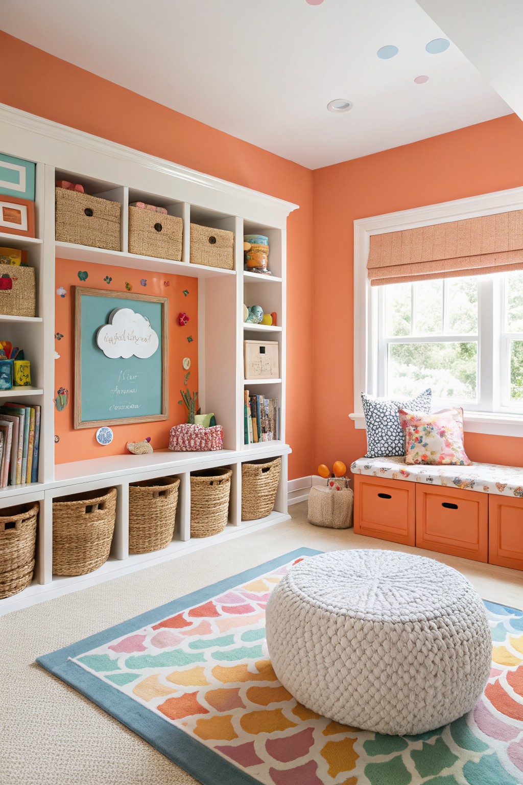 Playful kids' room with warm coral orange walls, white built-in shelving stocked with colorful toys and books, orange cabinets, window bench, and multicolored rug.