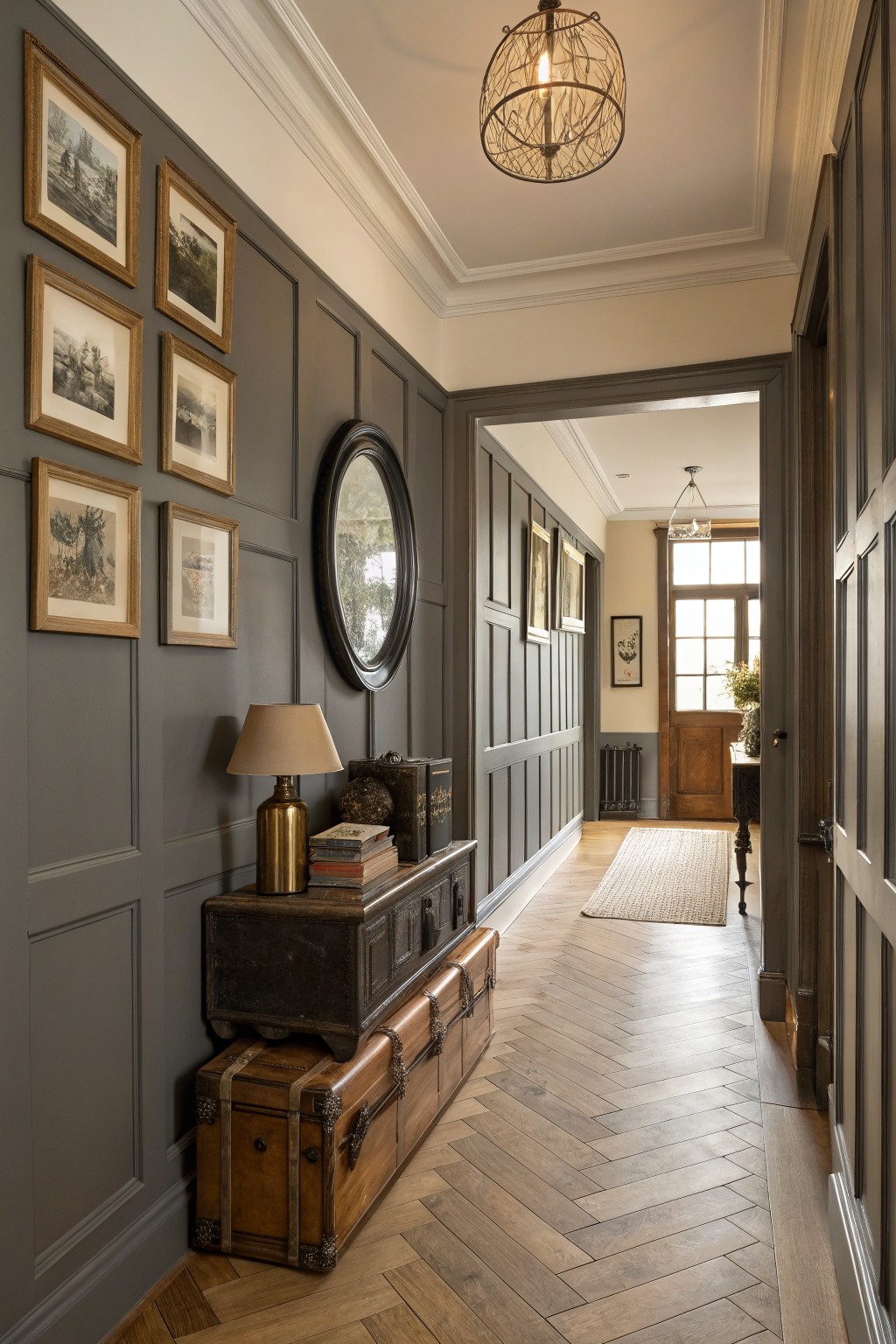 Hallway with warm gray paneled walls, brass lamp on console table, vintage trunks stacked nearby, round black mirror, and herringbone wood floor leading to sunlit doorway
