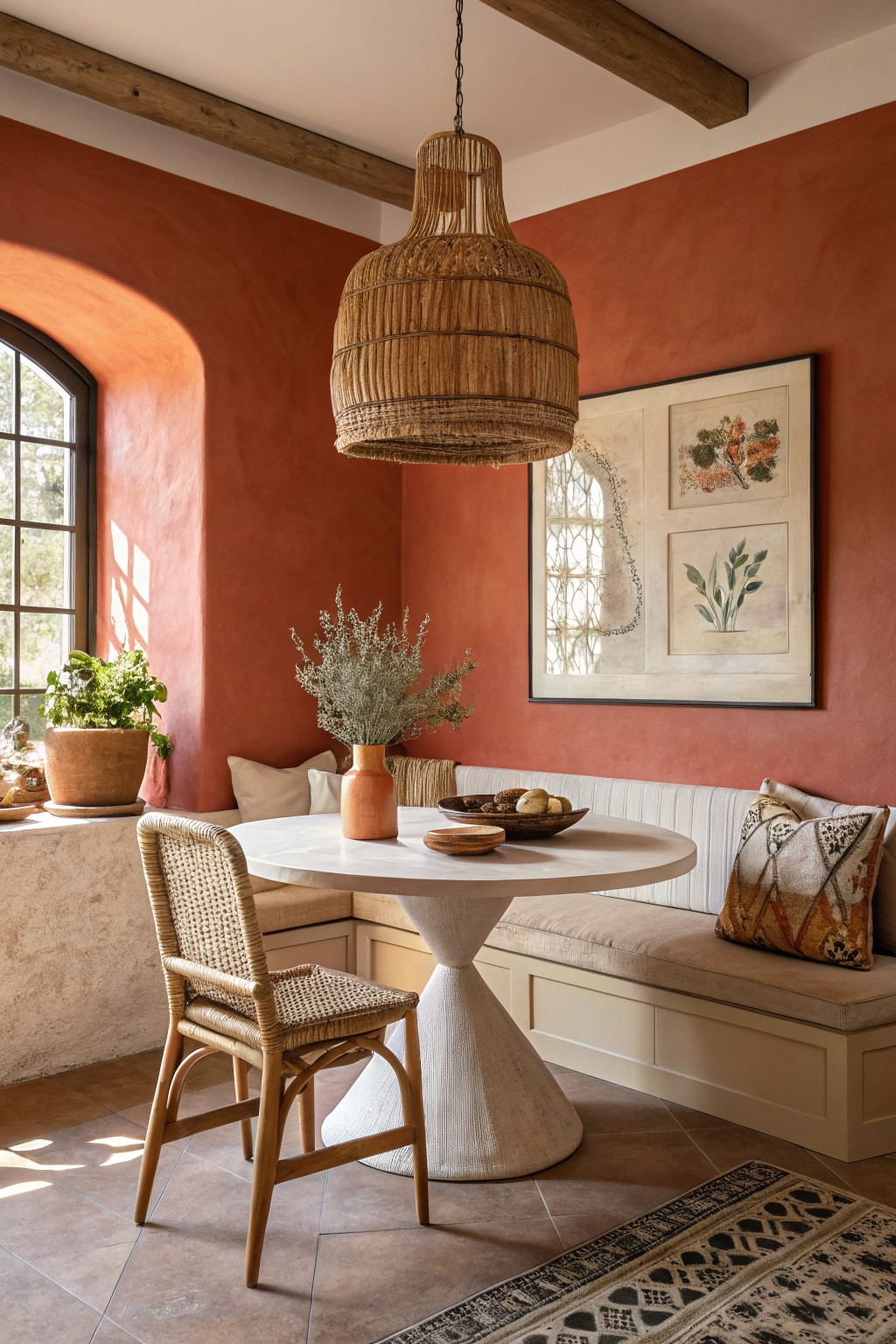 Cozy dining nook with warm terracotta walls, round white table, rattan chairs, and arched window in earthy tones