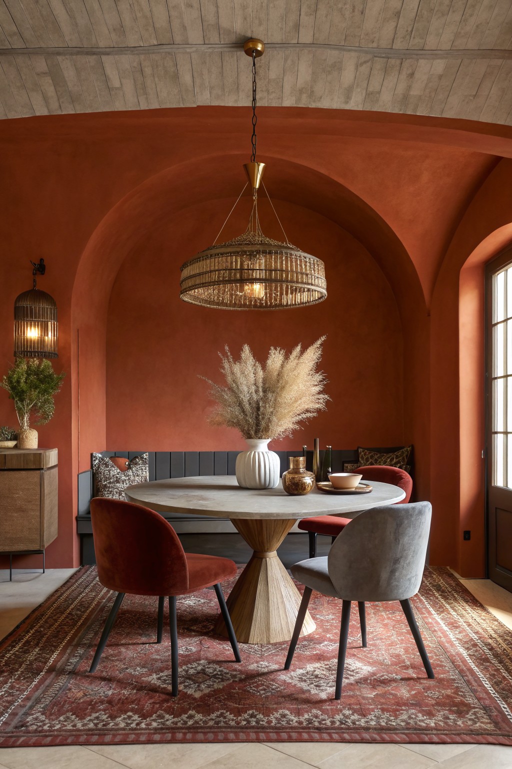 Cozy dining nook with warm terracotta walls arching over a round stone-top table, velvet chairs, pampas grass, and woven pendant light