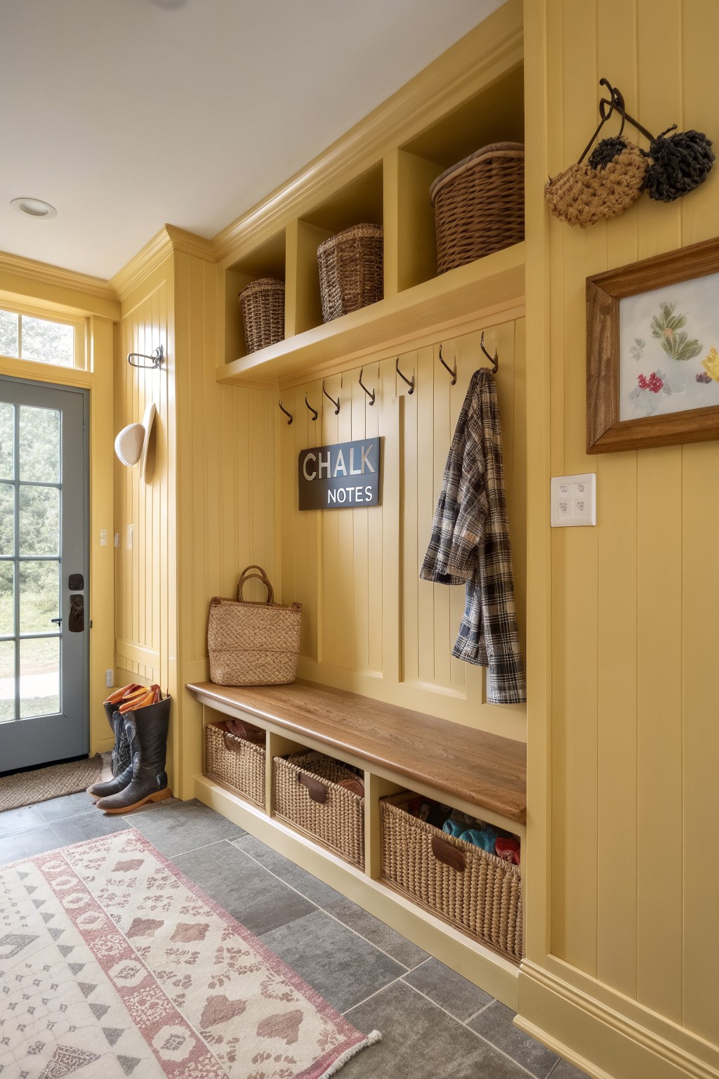 Cozy yellow mudroom with wainscoting, wood bench, hooks, baskets, and door to outside