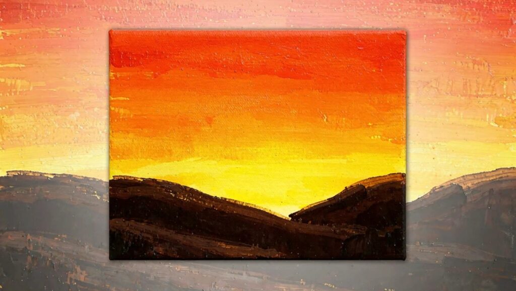 Acrylic painting of a circular yellow-orange sun setting over purple hills under a pink-purple-orange sky with thick brushstrokes.