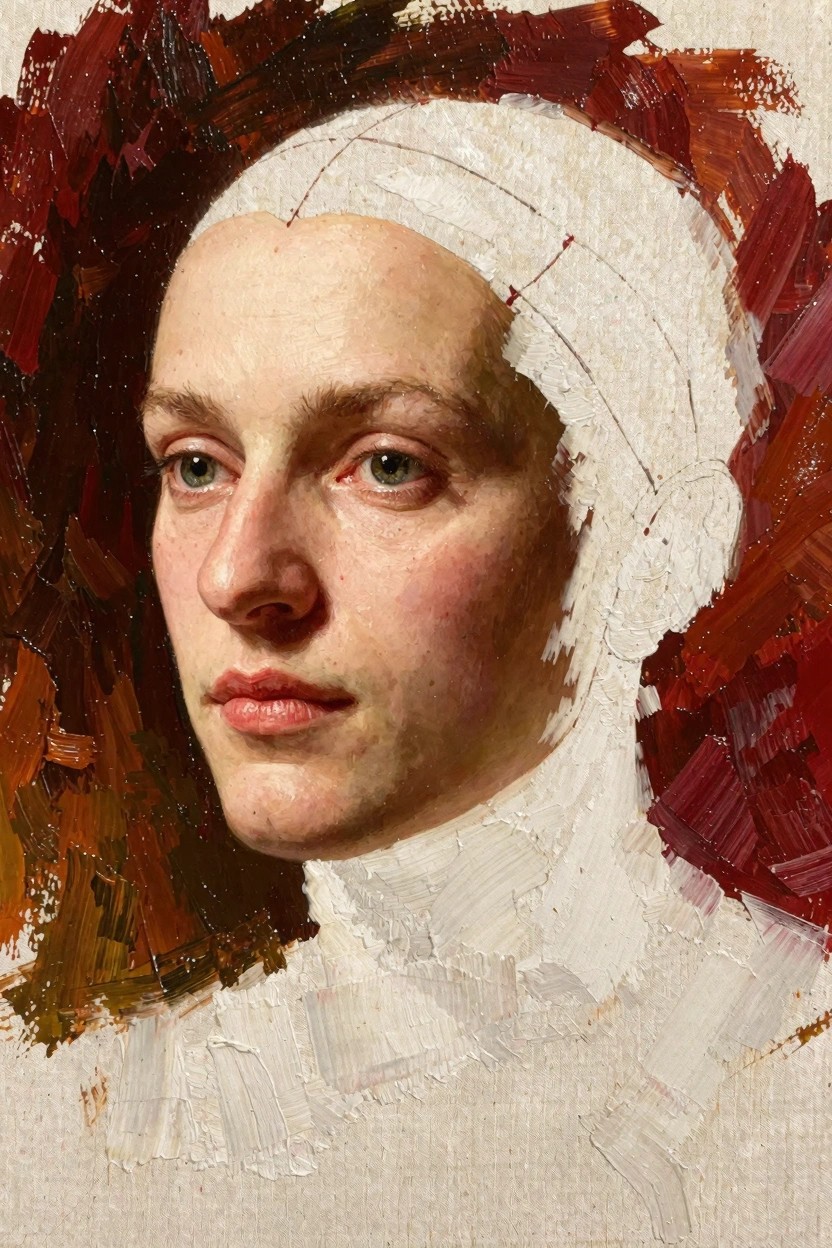Oil painting of a pale-skinned woman's profile with green eyes and subtle freckles, wearing a white wimple, set against a textured reddish-brown background.