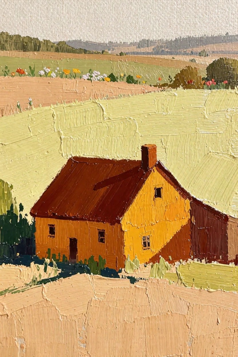 Oil painting of a yellow farmhouse with red roof and chimney centered in textured golden wheat fields, with green hills, trees, and wildflowers in the background.