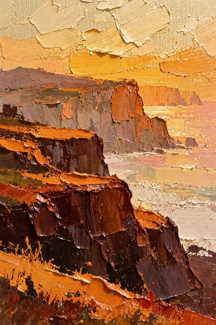 Textured oil painting of orange-red cliffs along a sunset sea with golden sky and waves below.