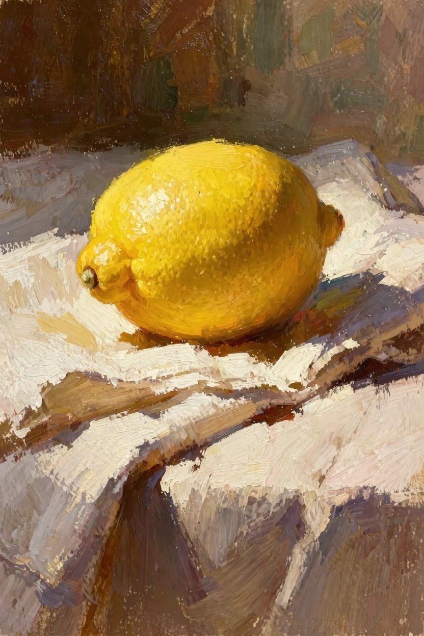 Oil painting of a textured yellow lemon on folded white cloth with side lighting, shadows, and dark background.