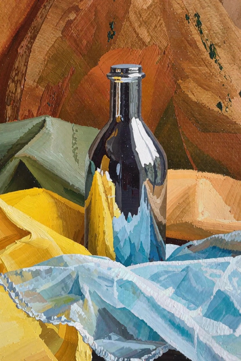 Oil painting of a central shiny silver bottle reflecting surrounding draped fabrics in orange, green, yellow, and blue.
