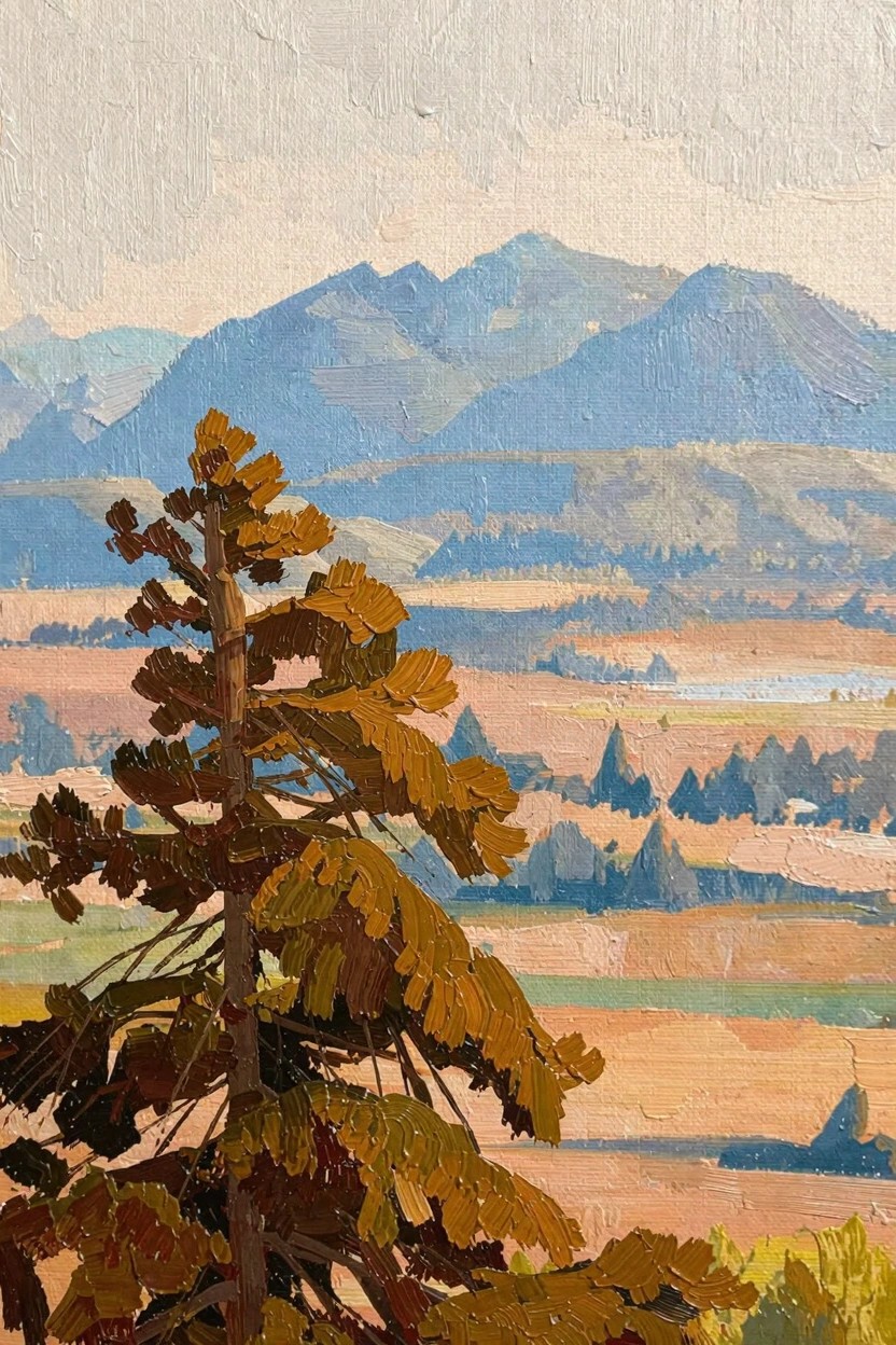Oil painting featuring a dominant tall pine tree with orange-brown needles in the foreground, overlooking terraced orange fields, scattered trees, a water body, and blue-toned distant mountains under a pale sky.