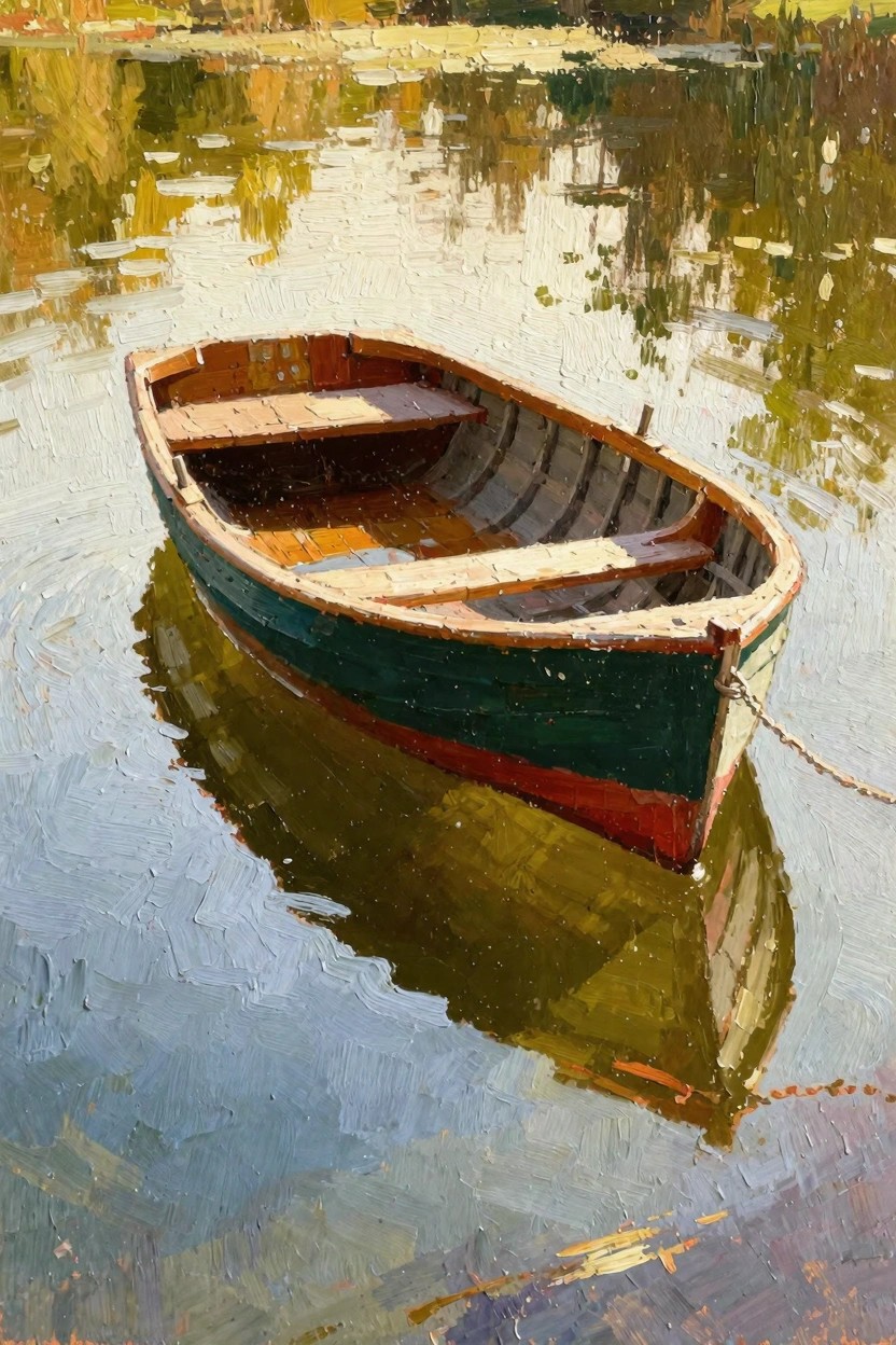 Oil painting of a green wooden rowboat floating on a reflective pond amid autumn foliage.