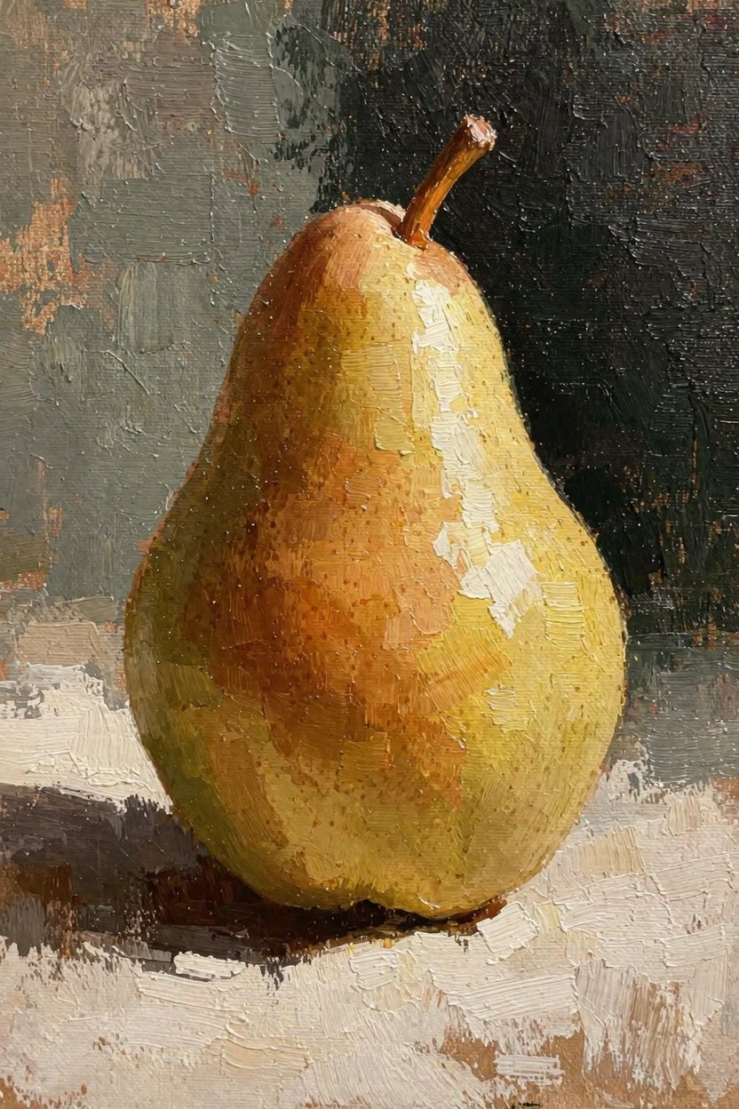 Oil painting of a yellow pear with stem sitting on a light surface, lit from the side against a dark background.