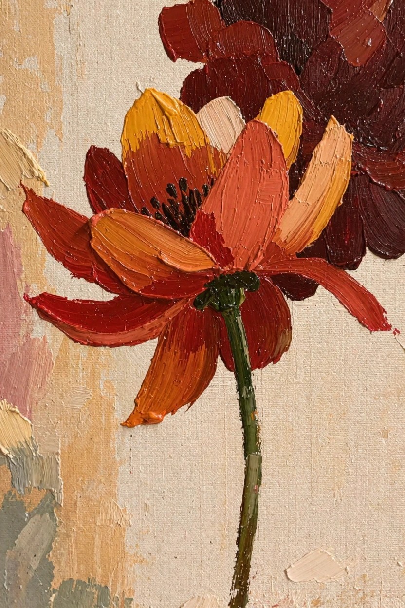 Oil painting of a single vibrant flower with orange-red petals edged in yellow, dark center, green stem, and textured beige background.