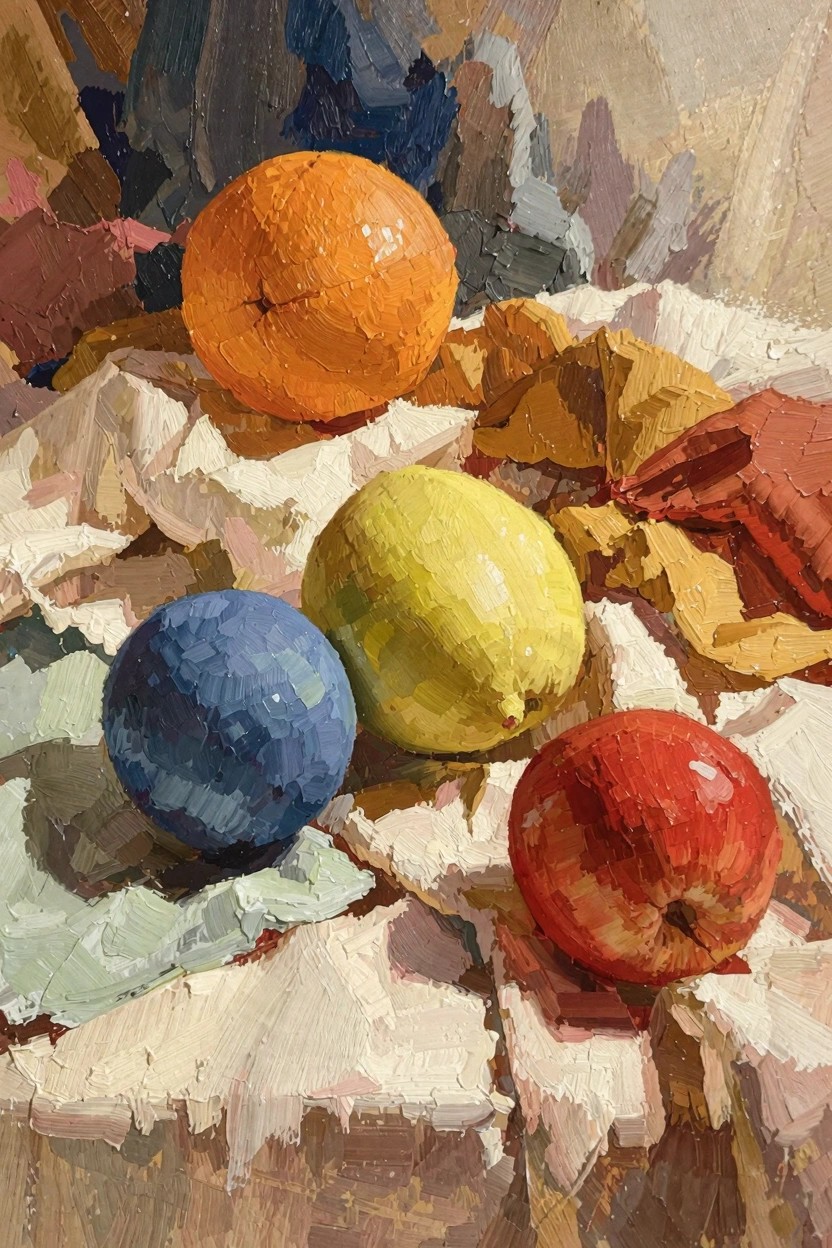 Oil painting of orange, yellow lemon, blue sphere, and red apple on white folded cloth amid colorful fabric scraps with thick impasto brushstrokes.