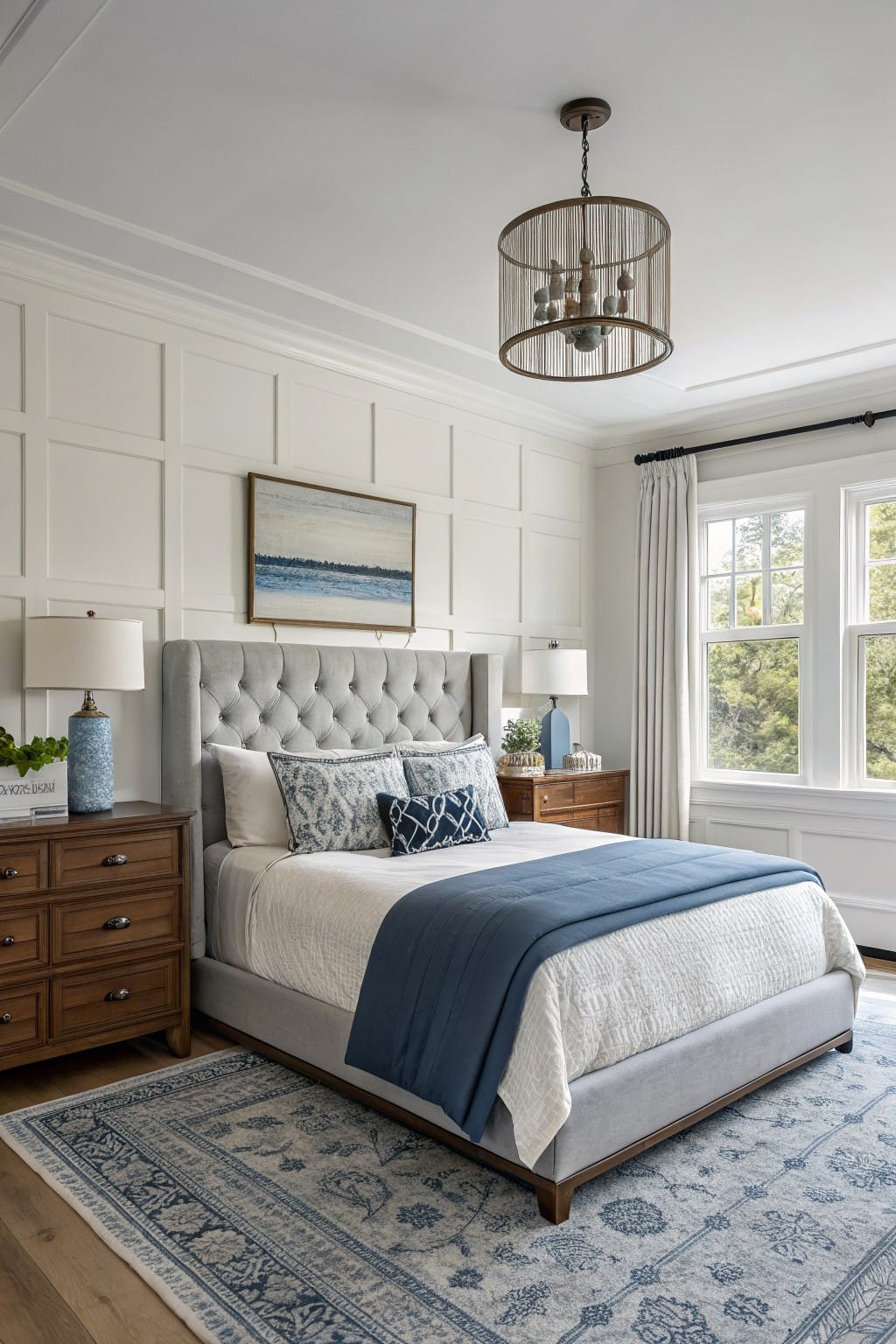Bedroom featuring crisp white paneled walls, gray tufted bed with blue throw, wood nightstands, and blue rug on hardwood floor