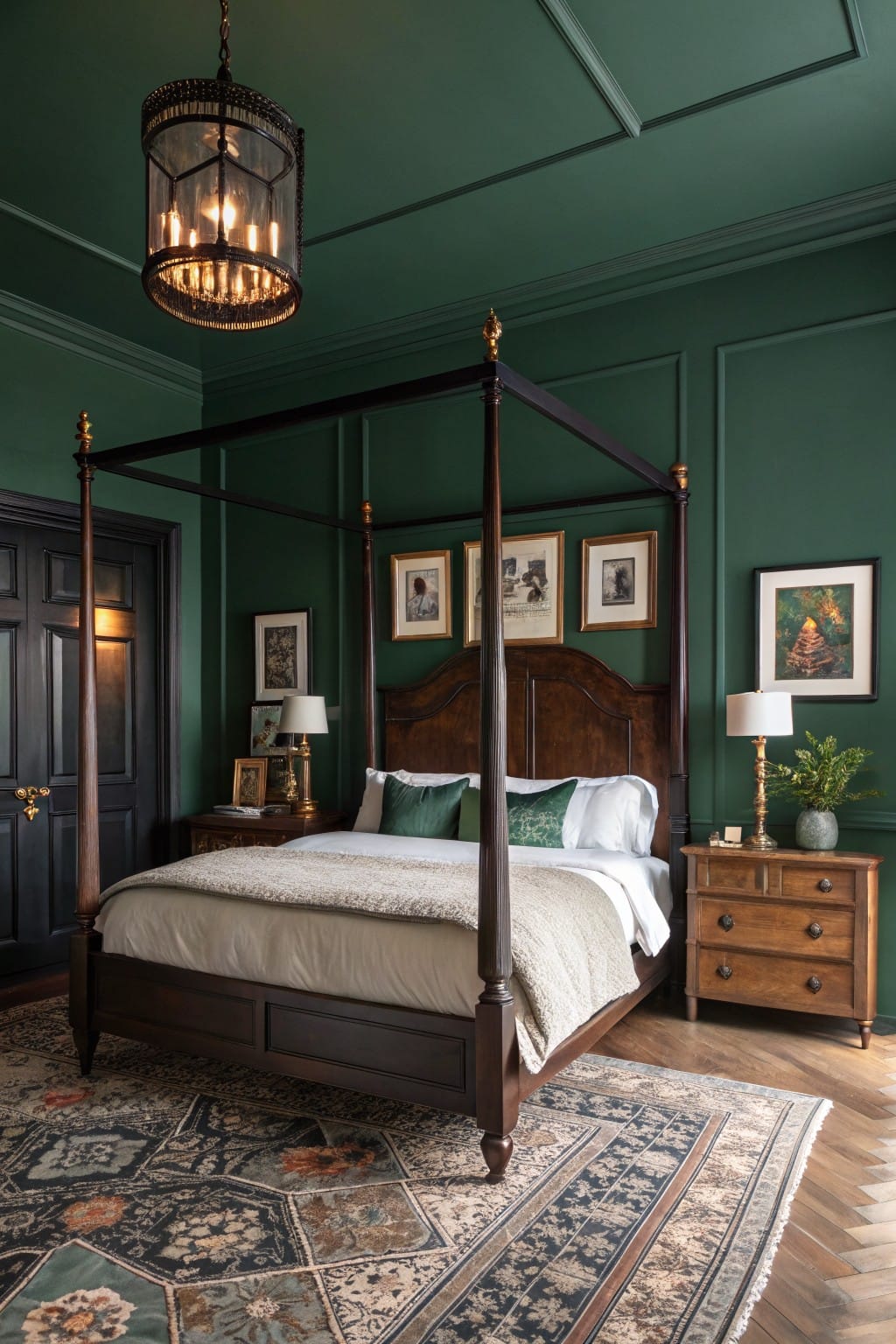 Bedroom with deep green paneled walls, dark wood four-poster bed draped in white linens and green pillows, brass lanterns, framed art, and a patterned rug on wood floors