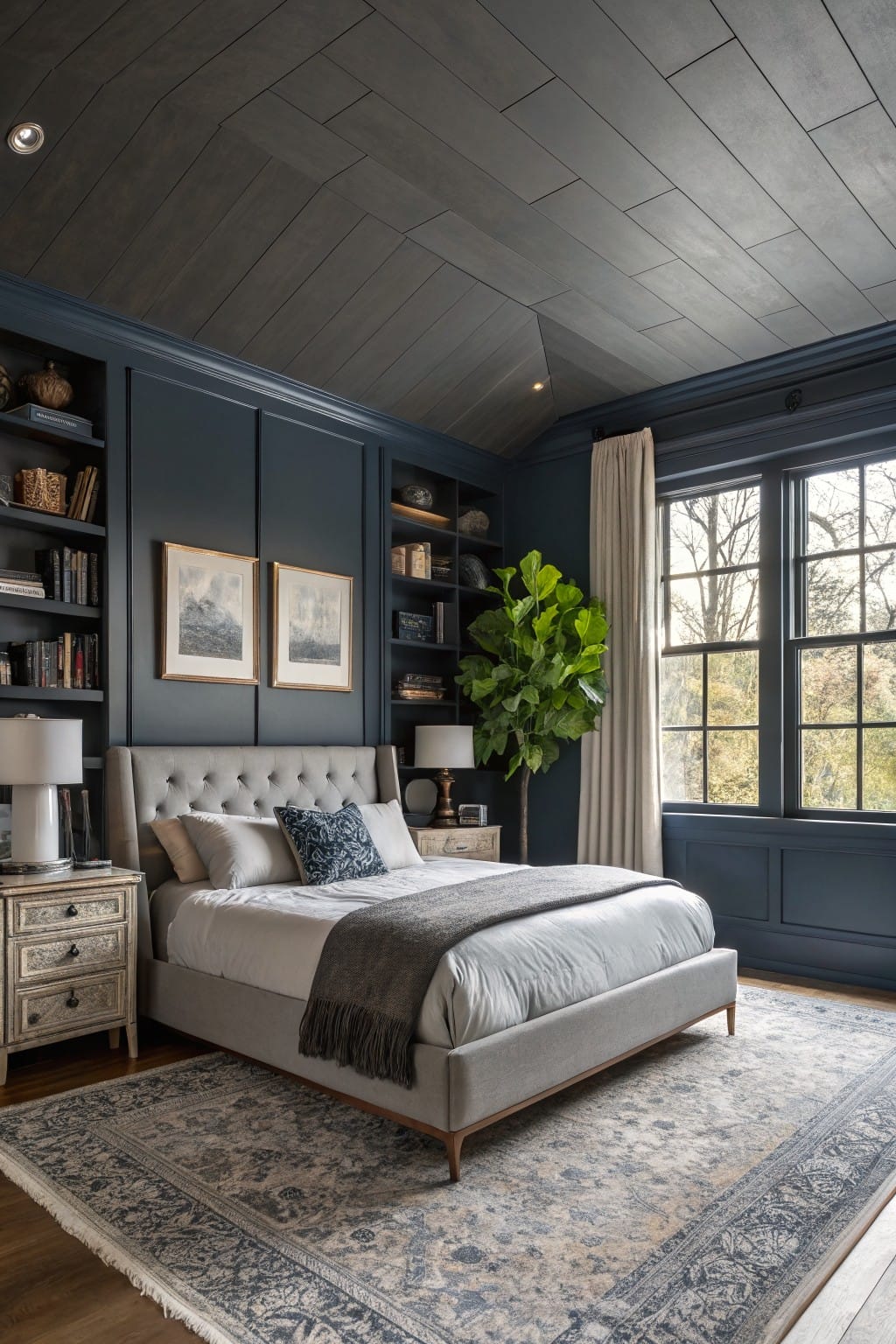 Cozy bedroom featuring deep navy paneled walls with built-in bookshelves and a gray upholstered bed