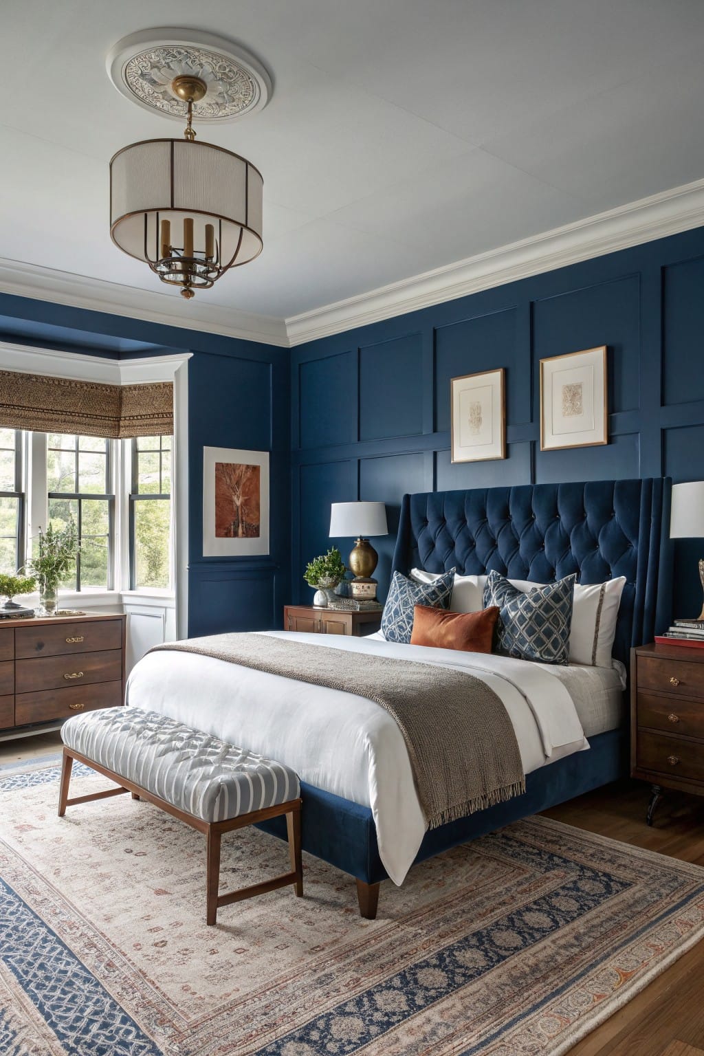 Cozy bedroom with deep navy paneled walls, matching velvet headboard, wood dressers, bench at bed foot, and beige rug