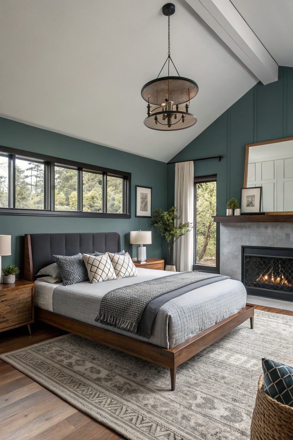 Bedroom interior with deep teal walls, low-profile wood bed dressed in gray linens, concrete fireplace, large sliding windows to wooded view, and hardwood floors